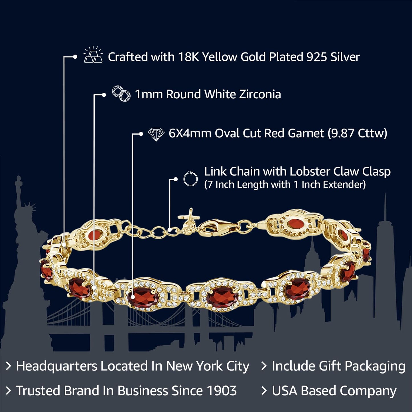 Gem Stone King 18K Yellow Gold Plated Silver Red Garnet Tennis Bracelet For Women (9.87 Cttw, Gemstone Birthstone, Oval 6X4MM, 7 Inch With 1 Inch Extender)