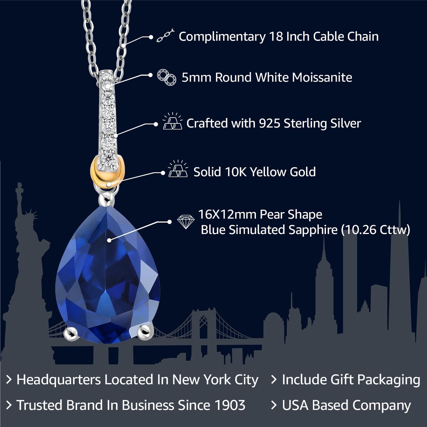 Gem Stone King 925 Sterling Silver and 10K Yellow Gold Pear Shape Blue Simulated Sapphire and White Moissanite Pendant Necklace For Women (10.26 Cttw with 18 Inch Chain)