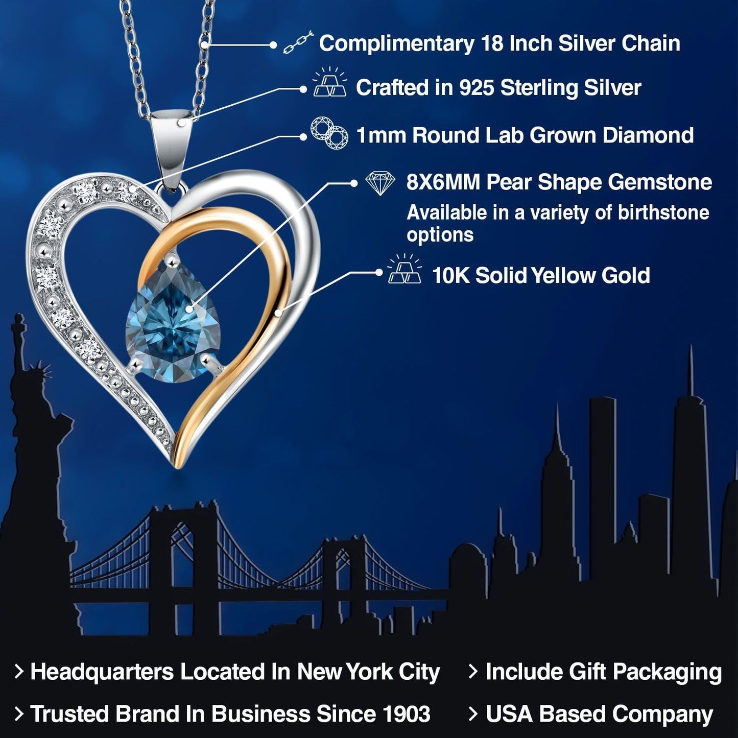 Gem Stone King 925 Sterling Silver and 10K Yellow Gold 8X6MM Pear Shaped Gemstone Birthstone & Lab Grown Diamond Heart Necklace | Love Pendant Necklace for Women By Keren Hanan