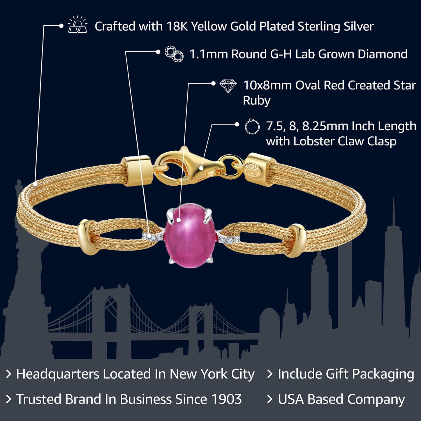 Gem Stone King 18K Gold Plated Two Tone Silver Personalized Customized Red Created Star Ruby & Lab Grown Diamond Bracelet For Women | 6.5/7/7.5 Inches | Made In Italy