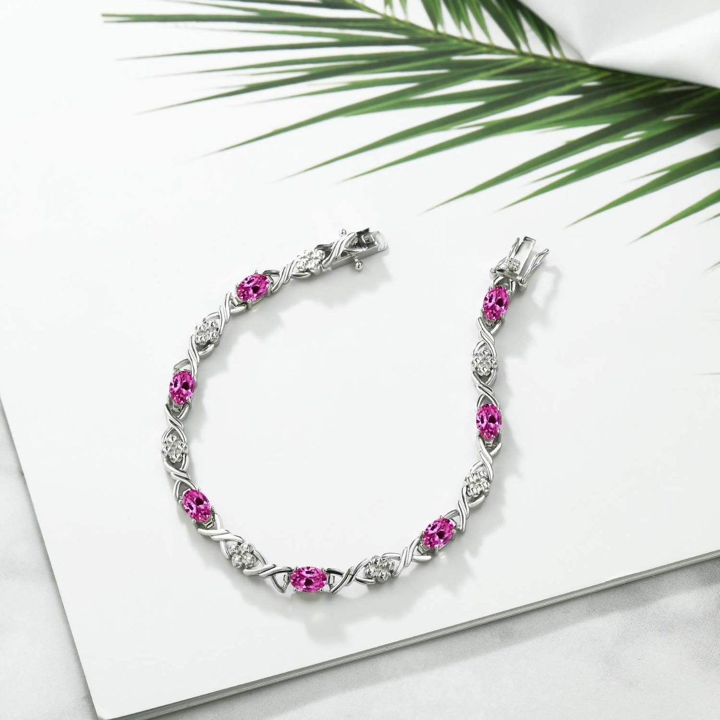 Gem Stone King 925 Sterling Silver Pink Created Sapphire Tennis Bracelet For Women (4.00 Cttw, Gemstone September Birthstone, Oval 6X4MM, 7 Inch)