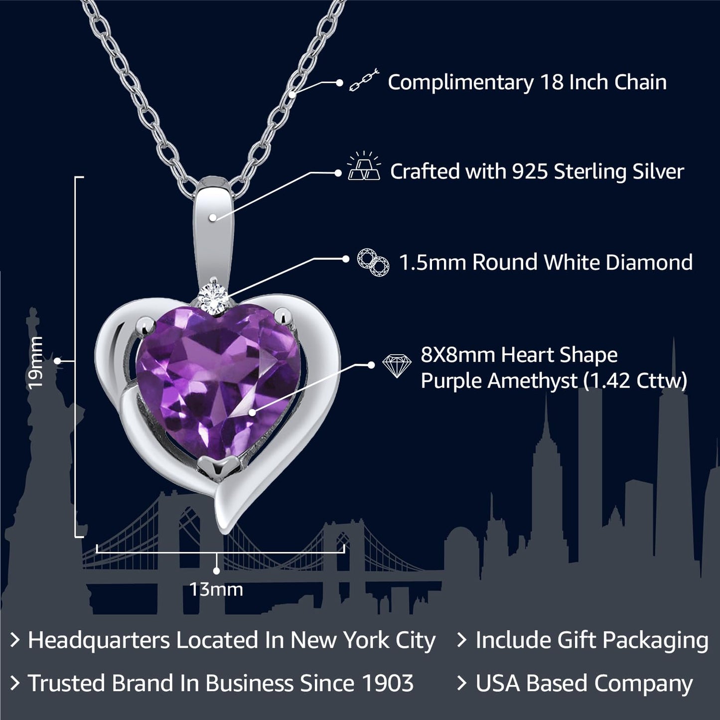 Gem Stone King 925 Sterling Silver Purple Amethyst and White Diamond Heart Shape Pendant Necklace For Women (1.42 Cttw, Heart 8MM, Gemstone February Birthstone, with 18 Inch Chain)