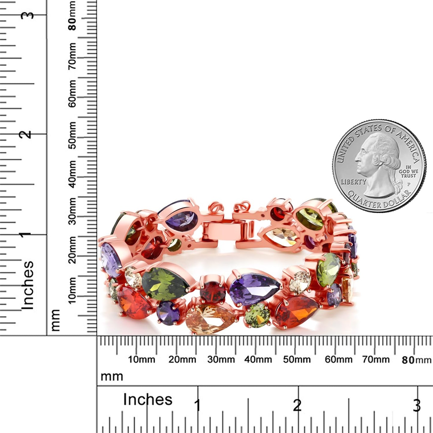 Gem Stone King Multi Color Pear Shape and Round CZ Fold Over Clasp Rose Color Bracelet for Women (7 Inches Length, 1/2 Inches Width, with Security Chain)