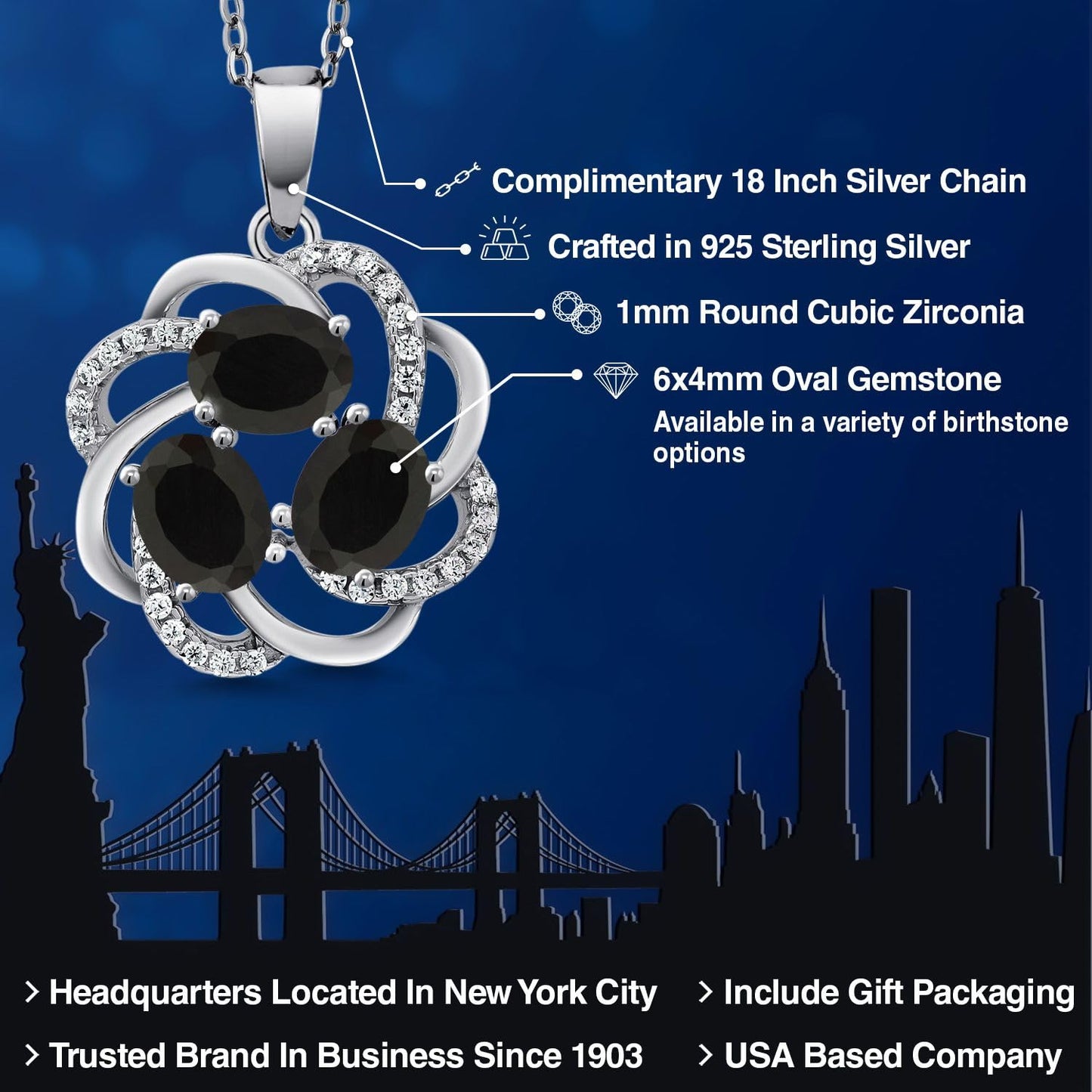 Gem Stone King 925 Sterling Silver Black Onyx 3 Stone Spiral Pendant Necklace For Women (1.57 Cttw, Gemstone Birthstone, with 18 Inch Silver Chain)