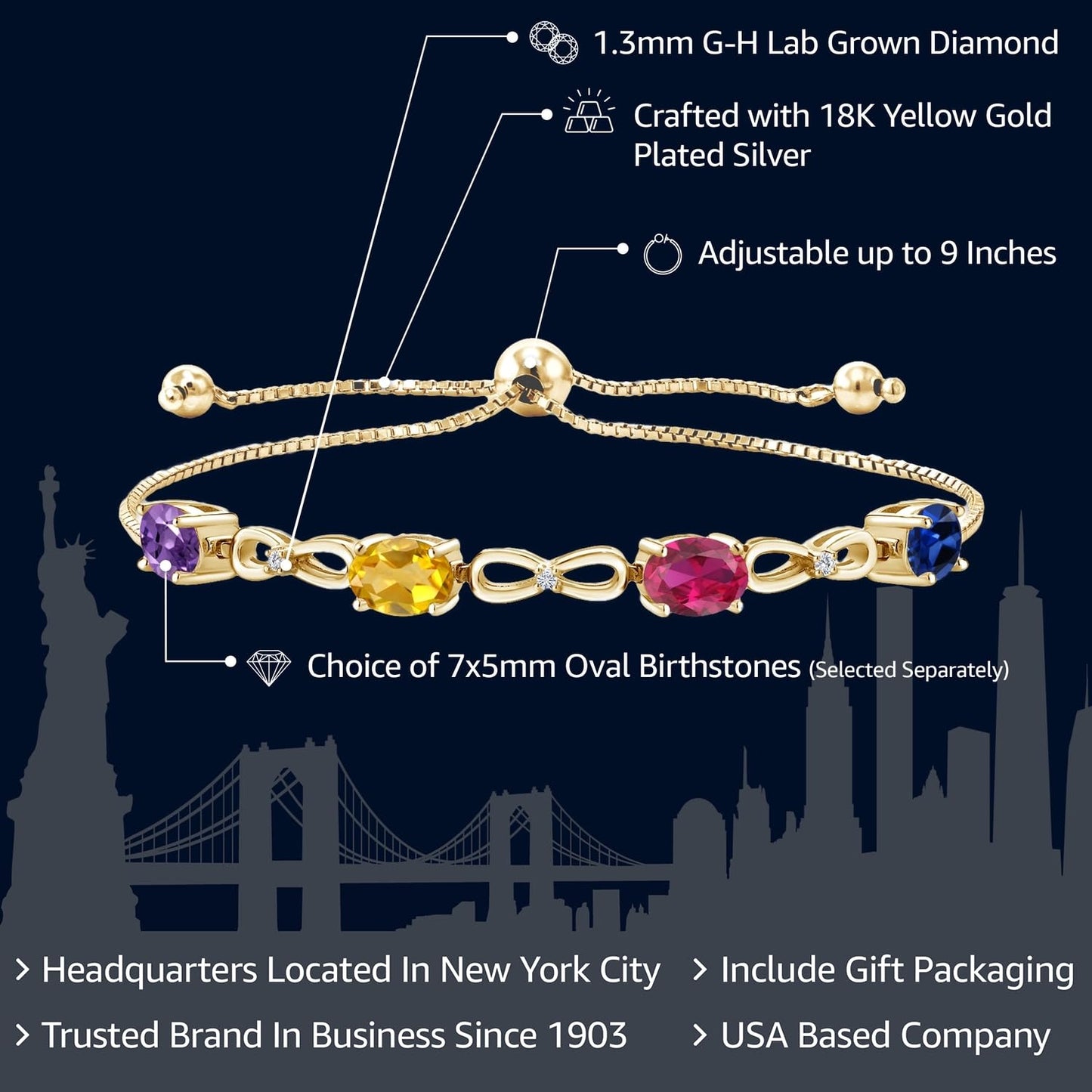 Gem Stone King 18K Yellow Gold Plated Silver Customized and Personalized 4-Stone Gemstone Birthstone and Lab Grown Diamond Tennis Bracelet for Women | Bollo Bracelet | Fully Adjustable Up to 9 Inch