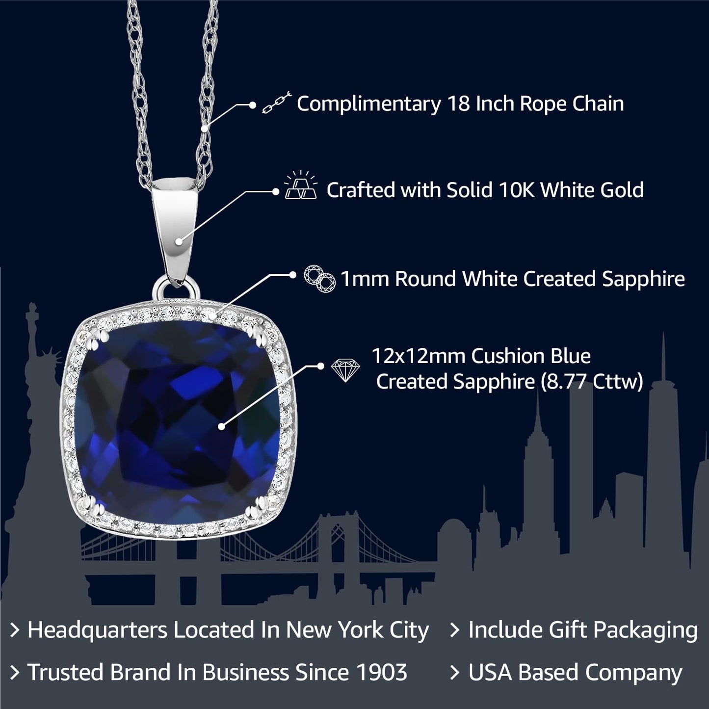 Gem Stone King Solid 10K Gold 12MM Cushion Cut Gemstone Birthstone and White Created Sapphire Halo Pendant Necklace | Gold Necklace For Women | With 18 Inch Gold Chain