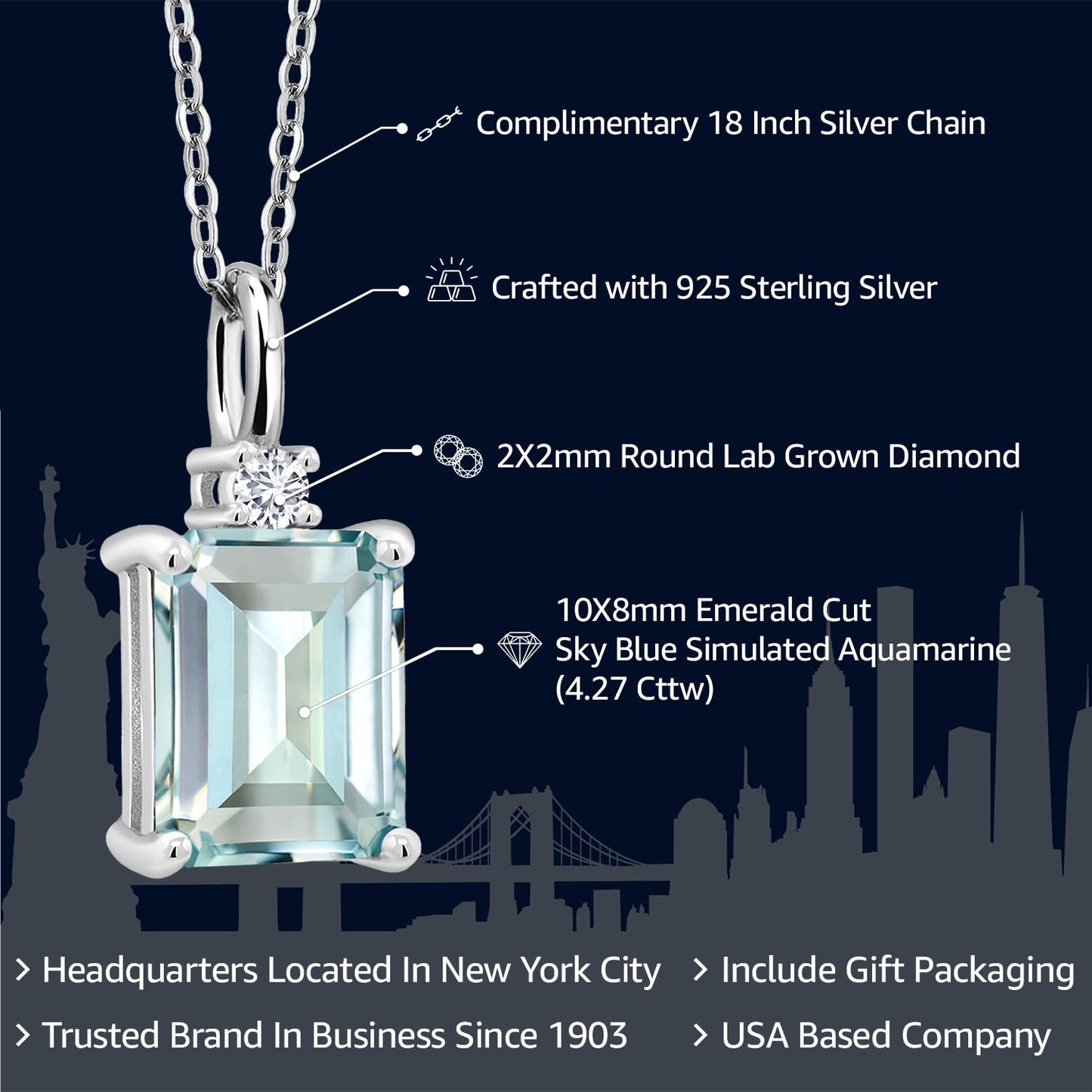 Gem Stone King 925 Silver Sky Blue Simulated Aquamarine and White Lab Grown Diamond Pendant Necklace For Women (4.27 Cttw, Gemstone Birthstone, Emerald Cut 10X8MM with 18 Inch Silver Chain)