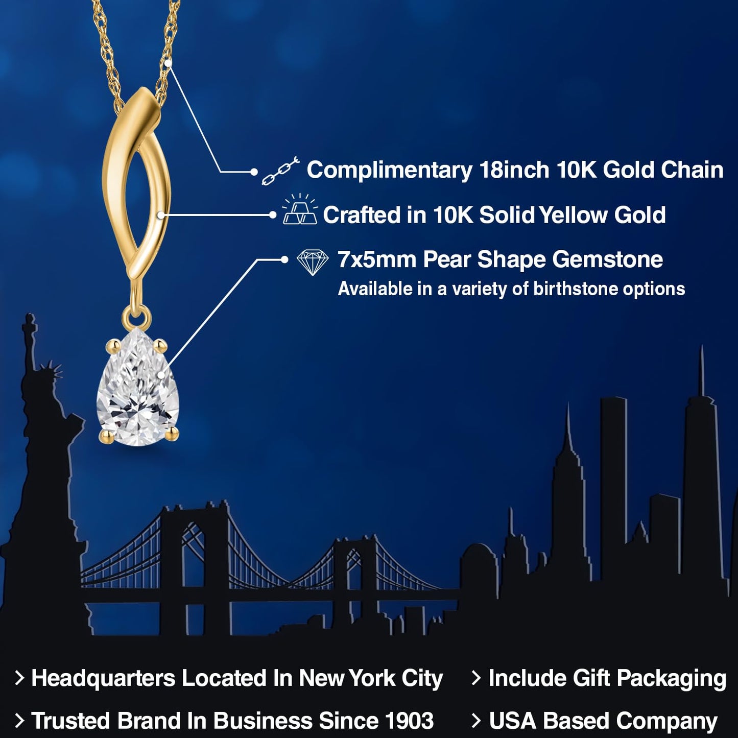 Gem Stone King 10K Yellow Gold Lab Grown Diamond Pendant Necklace for Women | 0.52 Cttw | Gemstone April Birthstone | DEF Color | VVS-VS Clarity | Pear Shape 7X5MM | With 18 Inch Chain