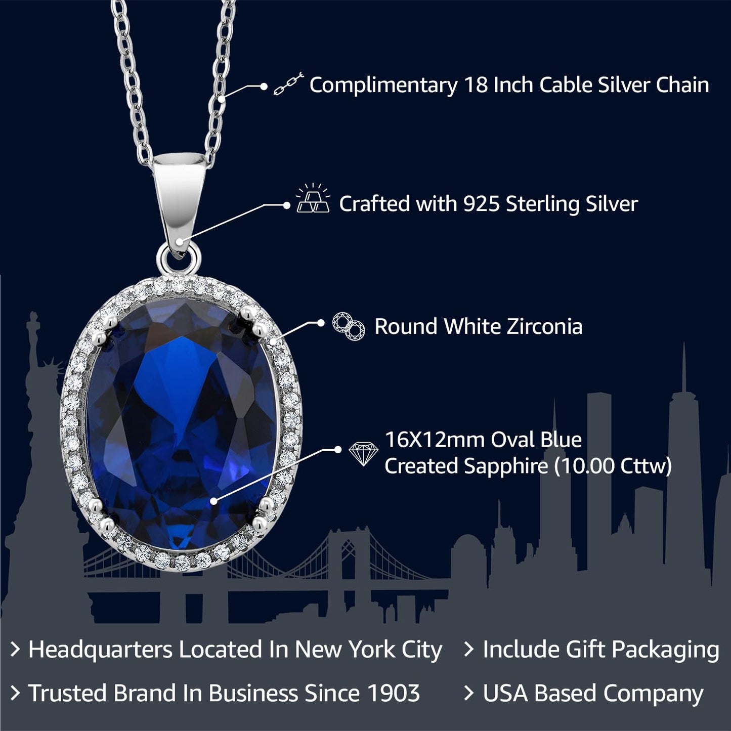 Gem Stone King 10.00 Cttw Blue Created Sapphire Pendant Necklace For Women | 925 Sterling Silver | Oval 12X16MM | With 18 Inch Silver Chain