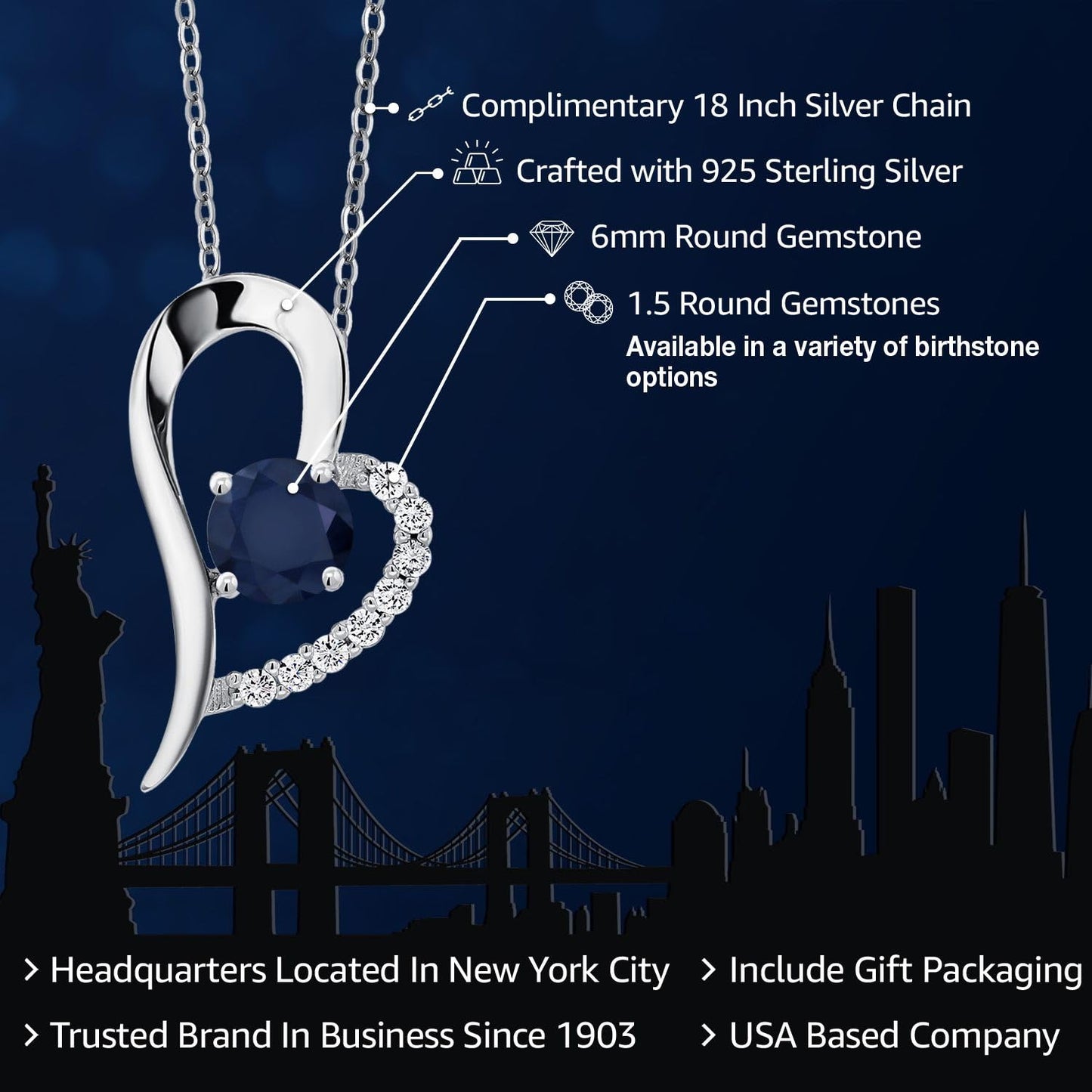 Gem Stone King 925 Sterling Silver 6MM Round Gemstone Birthstone Heart Shape Pendant Necklace | Heart Necklace For Women | With 18 Inch Silver Chain