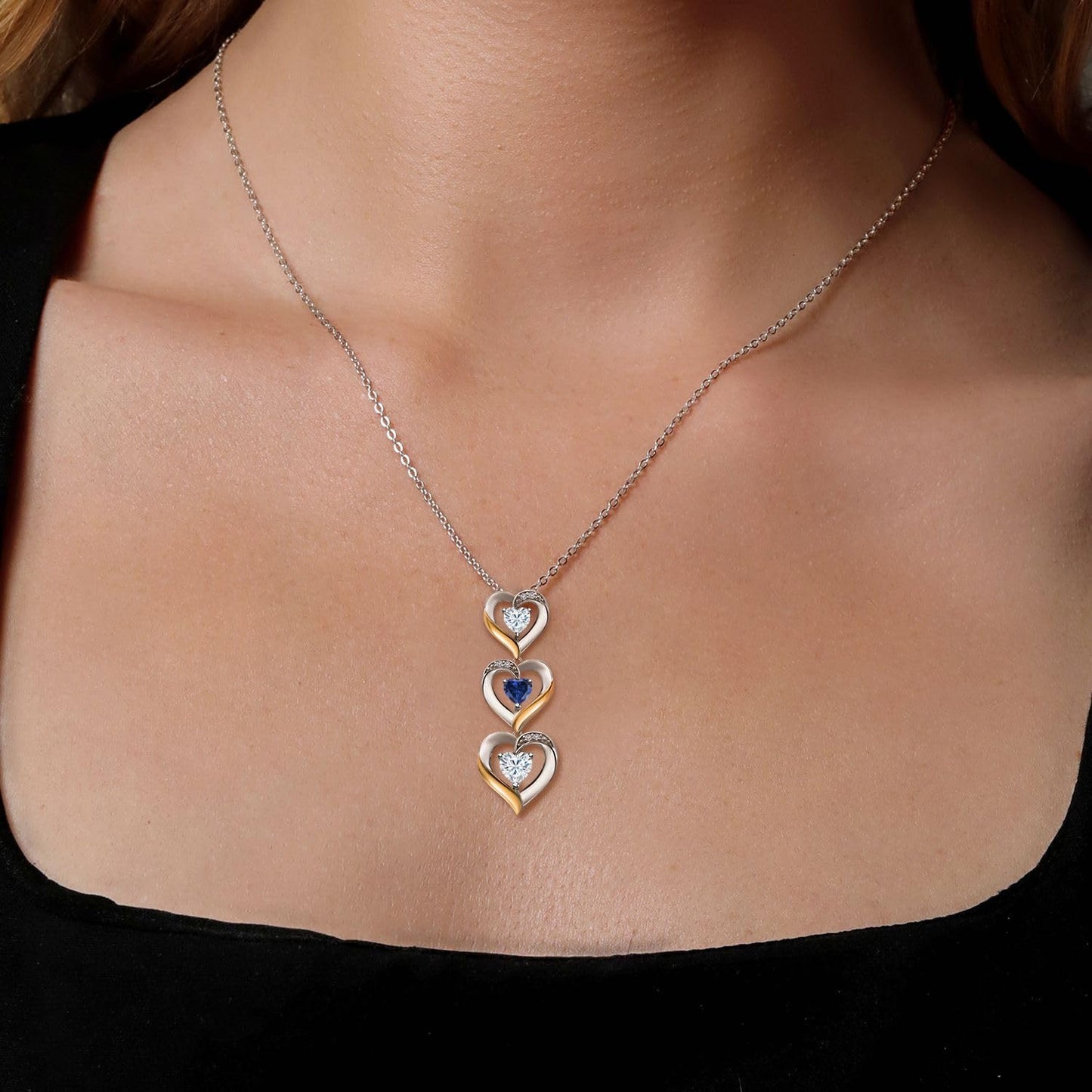 Gem Stone King 925 Silver and 10k Yellow Gold Customized and Personalized 5MM and 4MM Heart Shape Gemstone Birthstone and White Lab Grown Diamond Triple Heart Pendant Necklace For Women