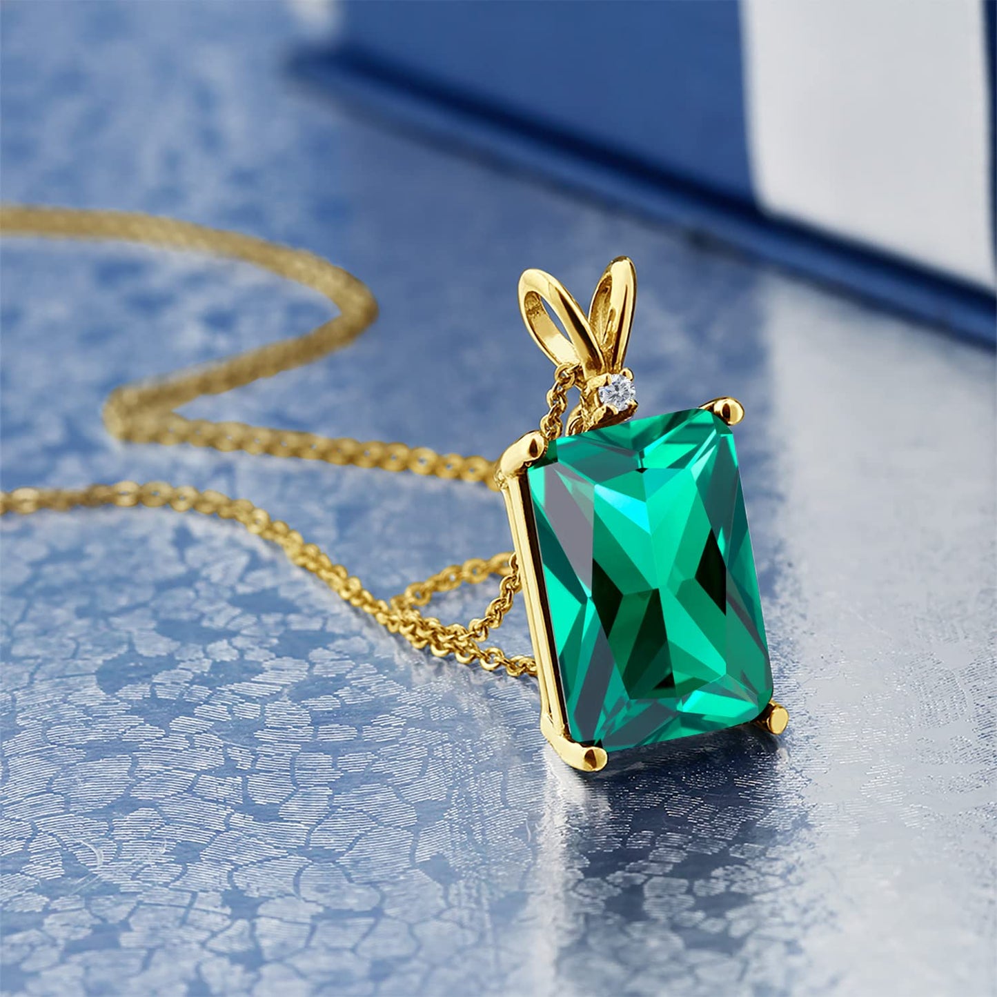 Gem Stone King 18K Yellow Gold Plated Silver Green Nano Emerald and White Diamond Pendant Necklace For Women (6.52 Cttw, Gemstone May Birthstone, Emerald Cut 14X10MM, with 18 Inch Silver Chain)