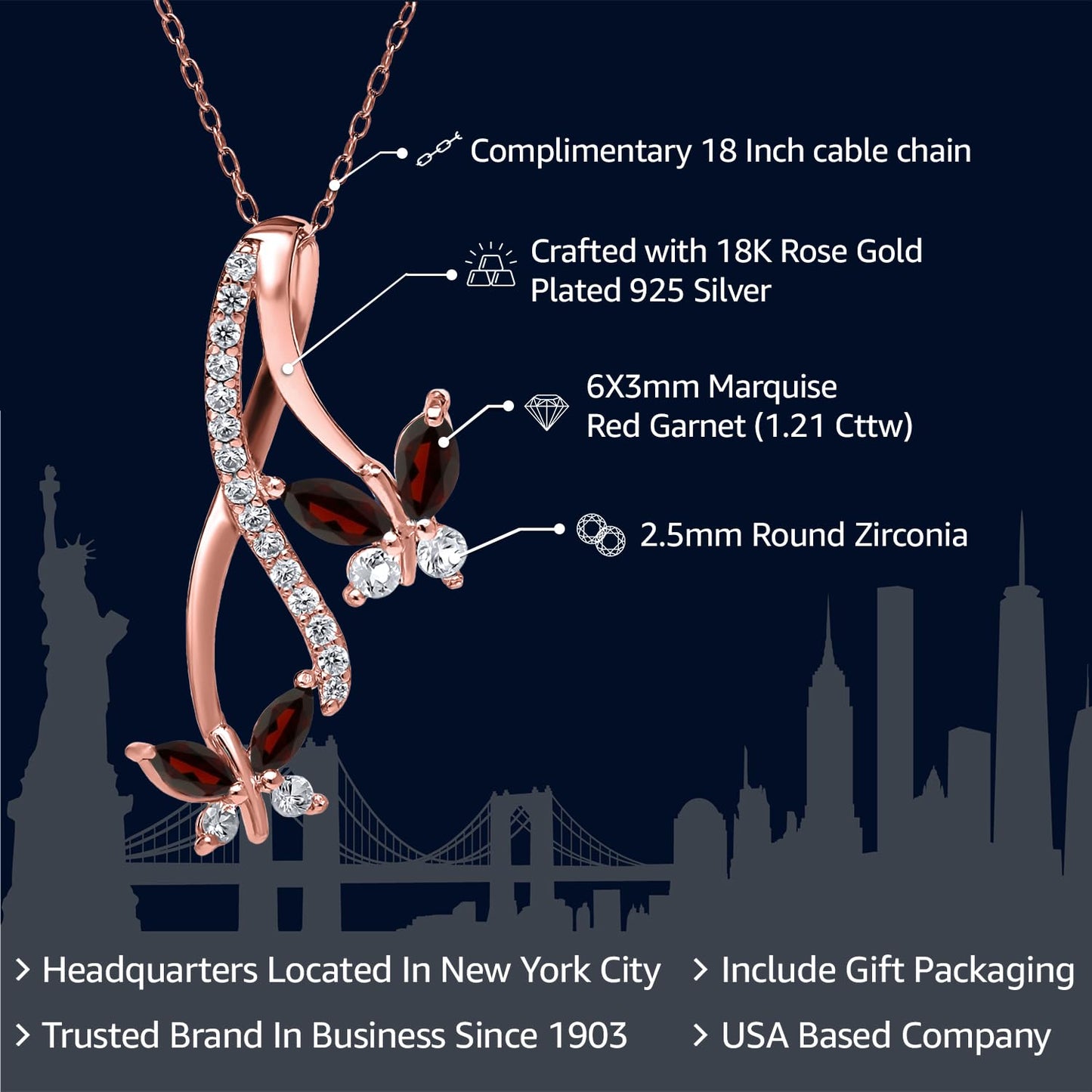 Gem Stone King 18K Rose Gold Plated Silver Red Garnet Butterfly Pendant Necklace For Women (1.21 Cttw, Marquise Cut Gemstone Birthstone, with 18 Inch Chain)