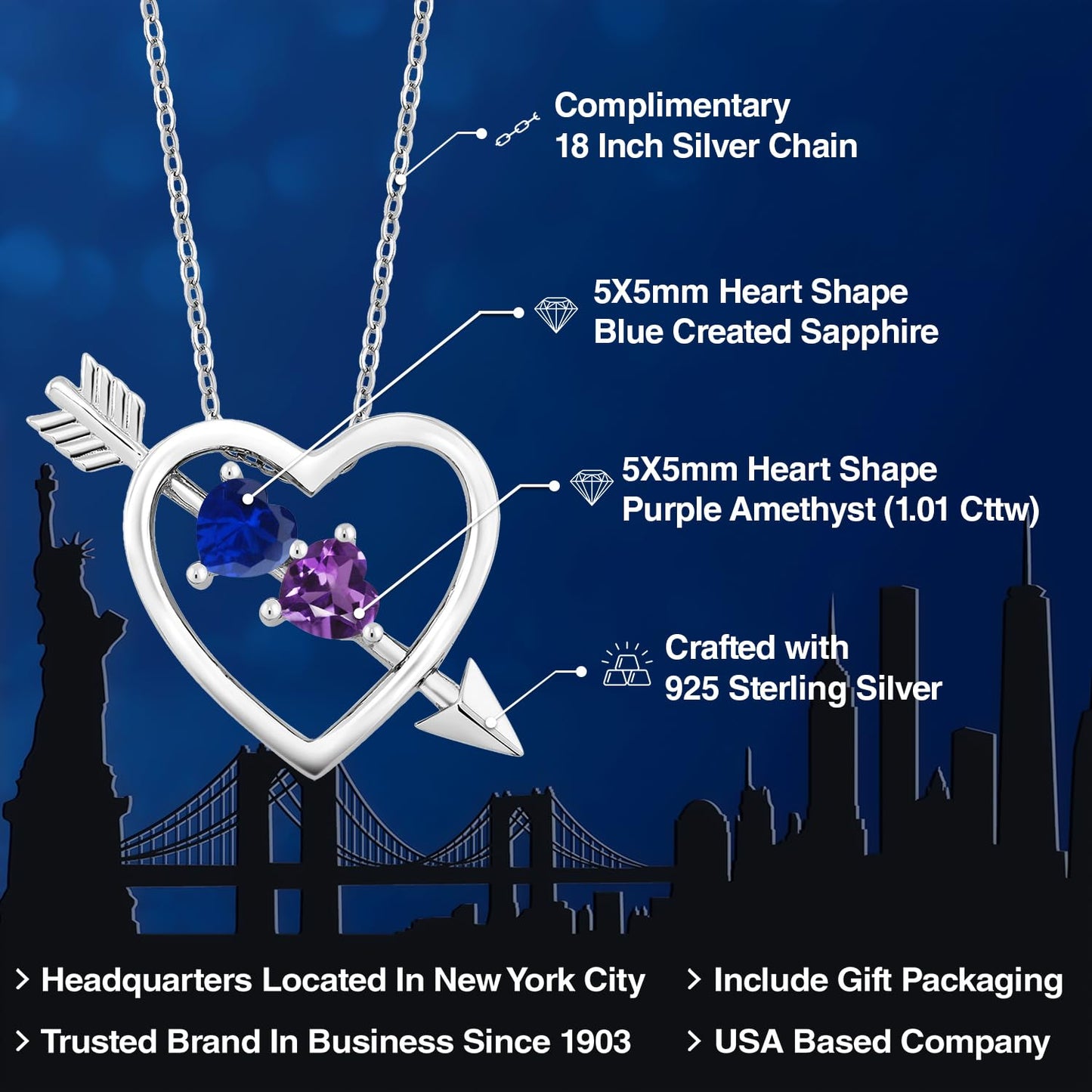 Gem Stone King 925 Sterling Silver Blue Created Sapphire and Purple Amethyst Heart and Arrow Pendant Necklace For Women (1.01 Cttw, with 18 Inch Silver Chain)