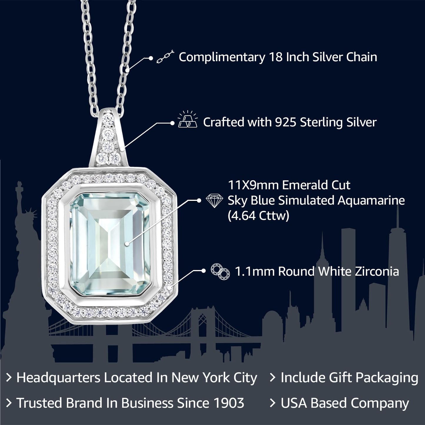 Gem Stone King 11X9MM Emerald Cut Gemstone Birthstone Pendant Necklace For Women | 925 Sterling Silver | With 18 Inch Silver Chain