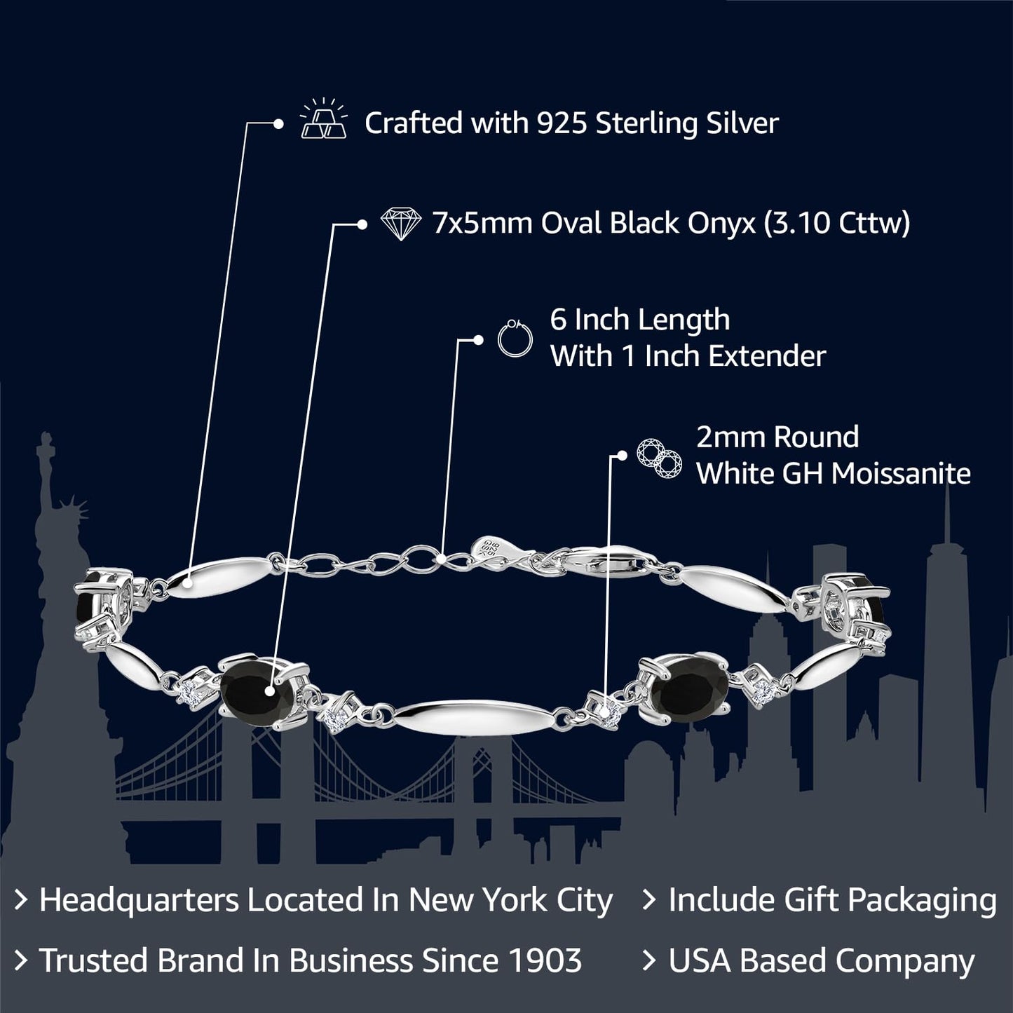 Gem Stone King 3.10 Cttw Black Onyx and White Moissanite Tennis Bracelet For Women In 925 Sterling Silver | Gemstone December Birthstone | Oval 7X5MM | 6 Inch + 1 Inch Extender