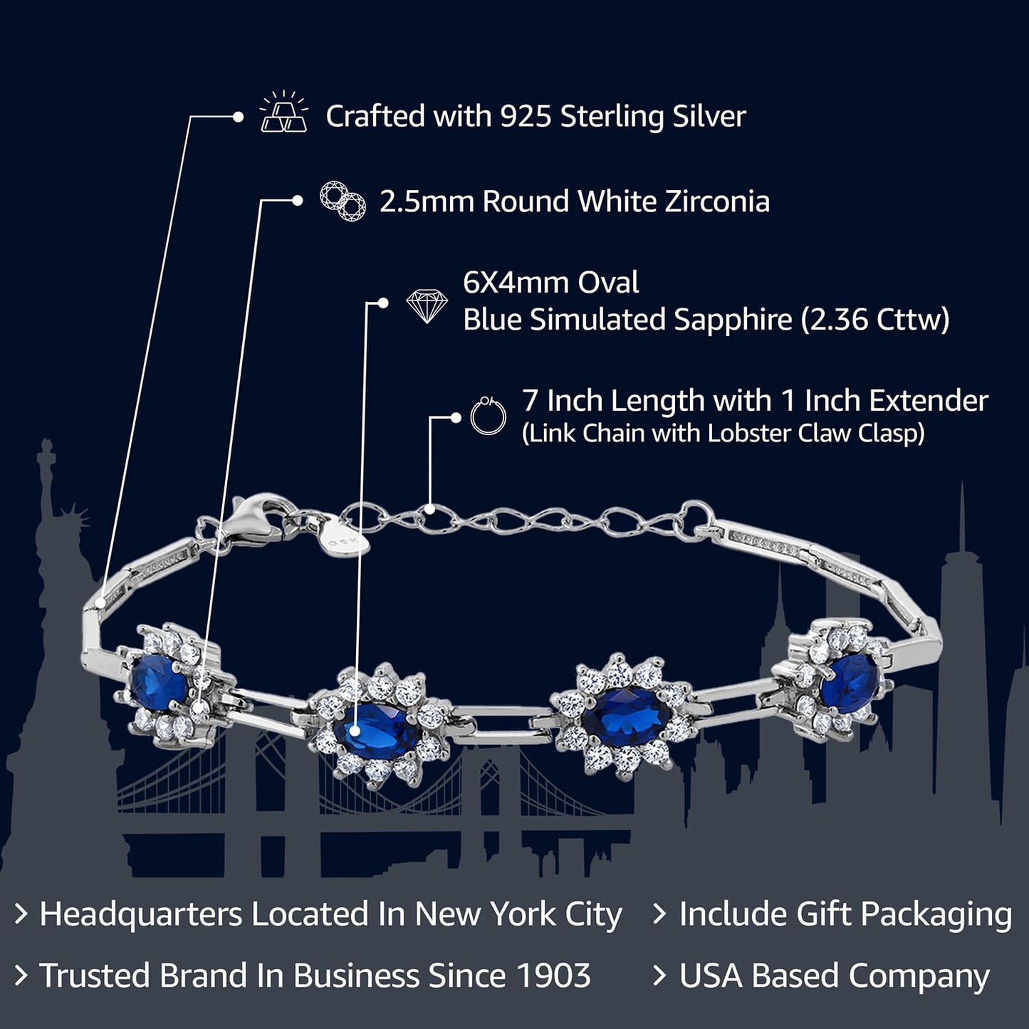 Gem Stone King 2.36 Cttw Simulated Sapphire Tennis Bracelet For Women | 925 Sterling Silver | 7 Inch with 1 Inch Extender | Fine Jewelry Gifts for Her Mom Women Wife