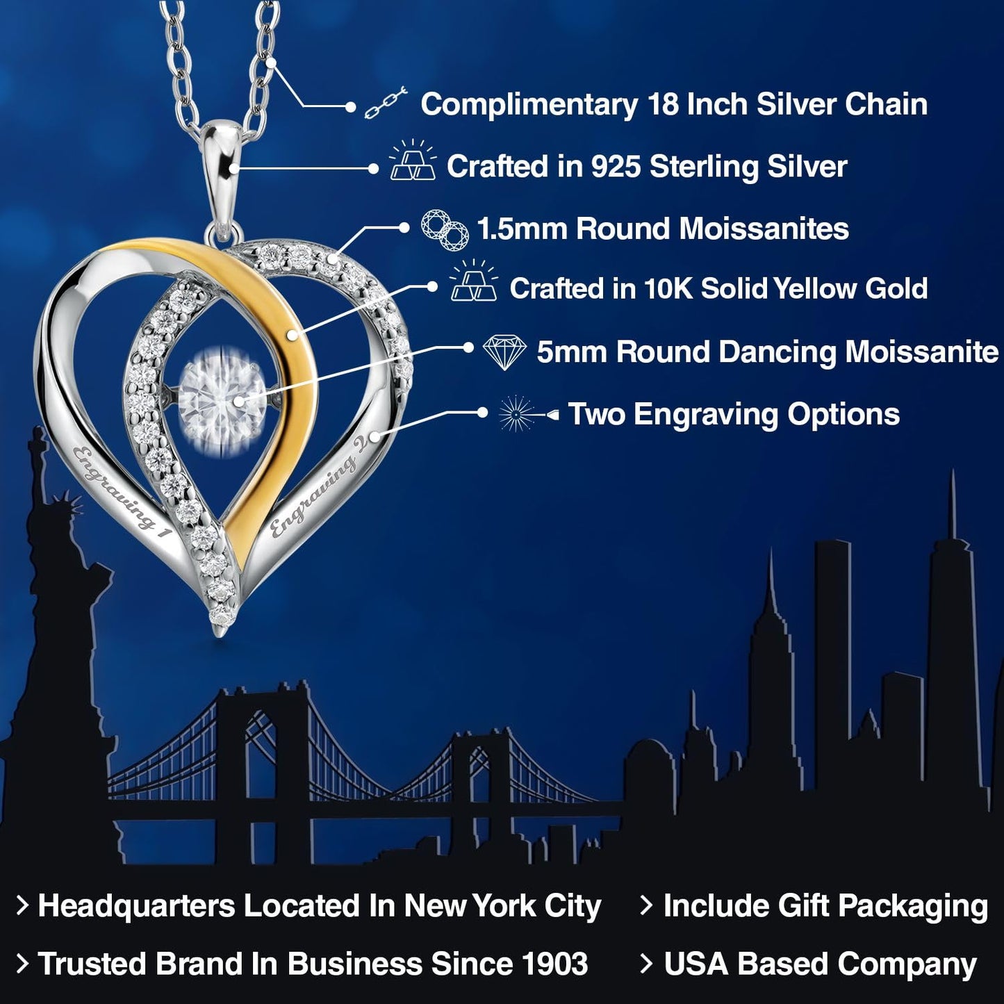 Gem Stone King 925 Sterling Silver and 10K Yellow Gold Engraveable White Moissanite Dancing Pendant Necklace Birthday Mother’s Day Wife Mom Jewelry Gift For Women | 0.82 Cttw | With 18 Inch Chain