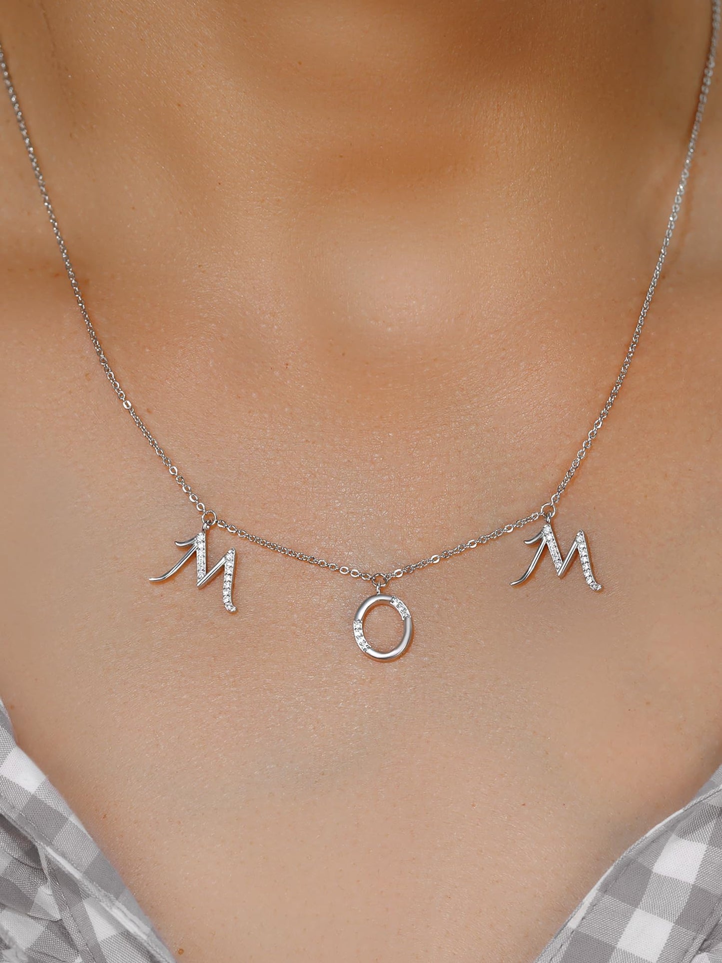 Gem Stone King 925 Sterling Silver MOM Initial Letter Charm Pendant Necklace for Women with White Moissanite - Elegant Mother's Day Dangling Design on 18 Inch Chain