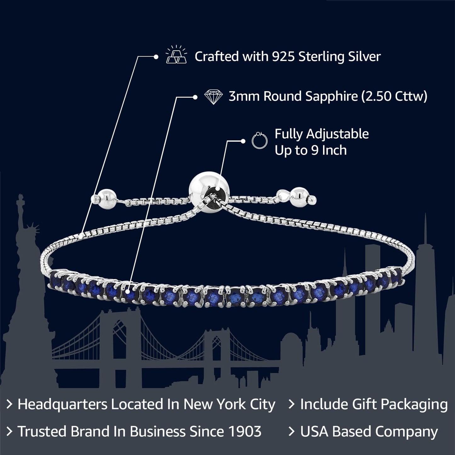 Gem Stone King 2.50 Cttw Blue Sapphire Tennis Bracelet For Women In 925 Sterling Silver | Gemstone Birthstone | Adjustable Bolo Bracelet For Women | Easy-On Easy-Off