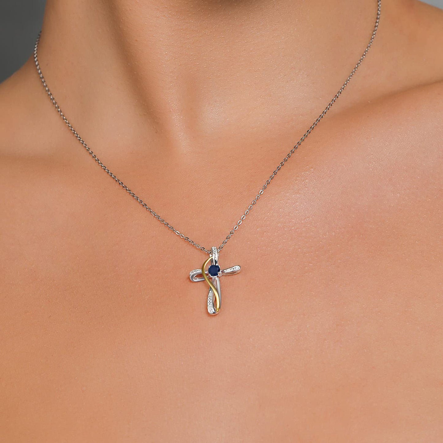 Gem Stone King Infinity Cross Necklace For Women | 925 Sterling Silver and 10K Yellow Gold | Gemstone Birthstone and White Lab Grown Diamond Cross Faith Pendant Necklace | with 18 Inch Chain