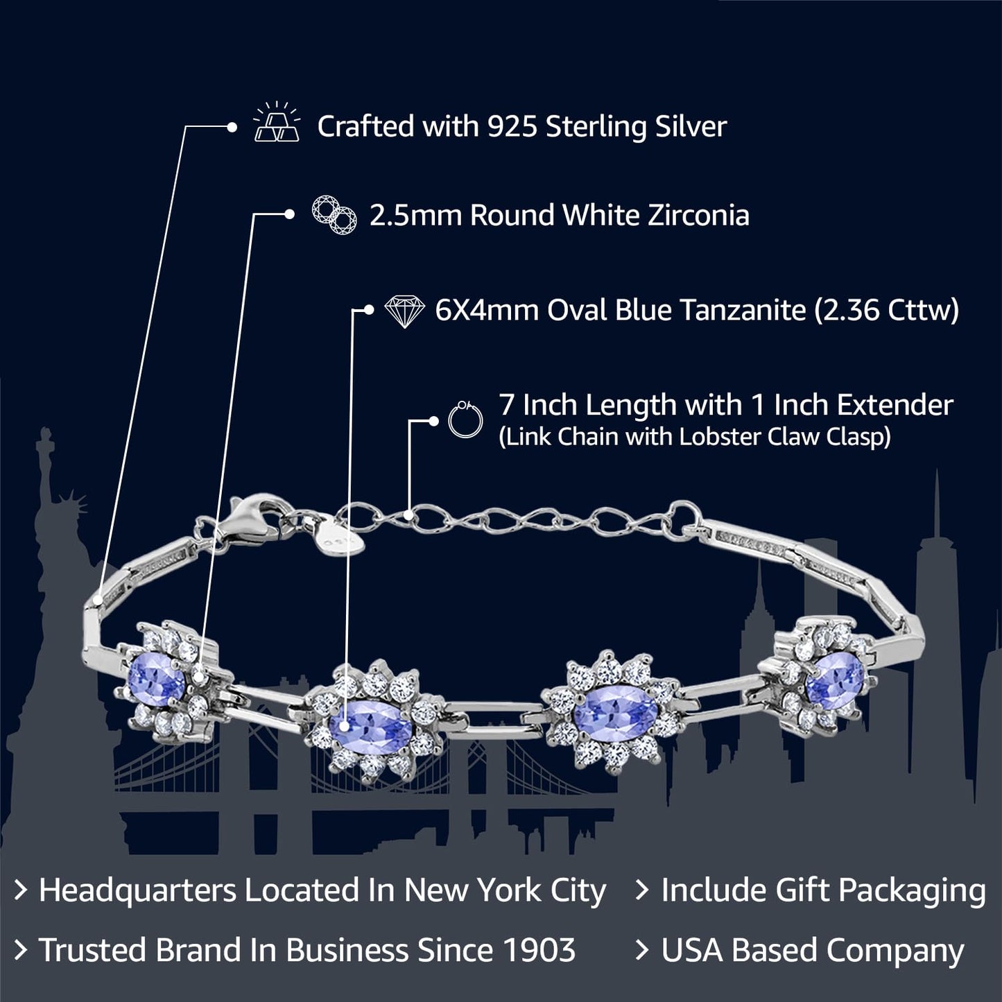 Gem Stone King 925 Sterling Silver Tanzanite Tennis Bracelet For Women (2.36 cttw, Gemstone Birthstone, 7 Inch With 1 Inch Extender)