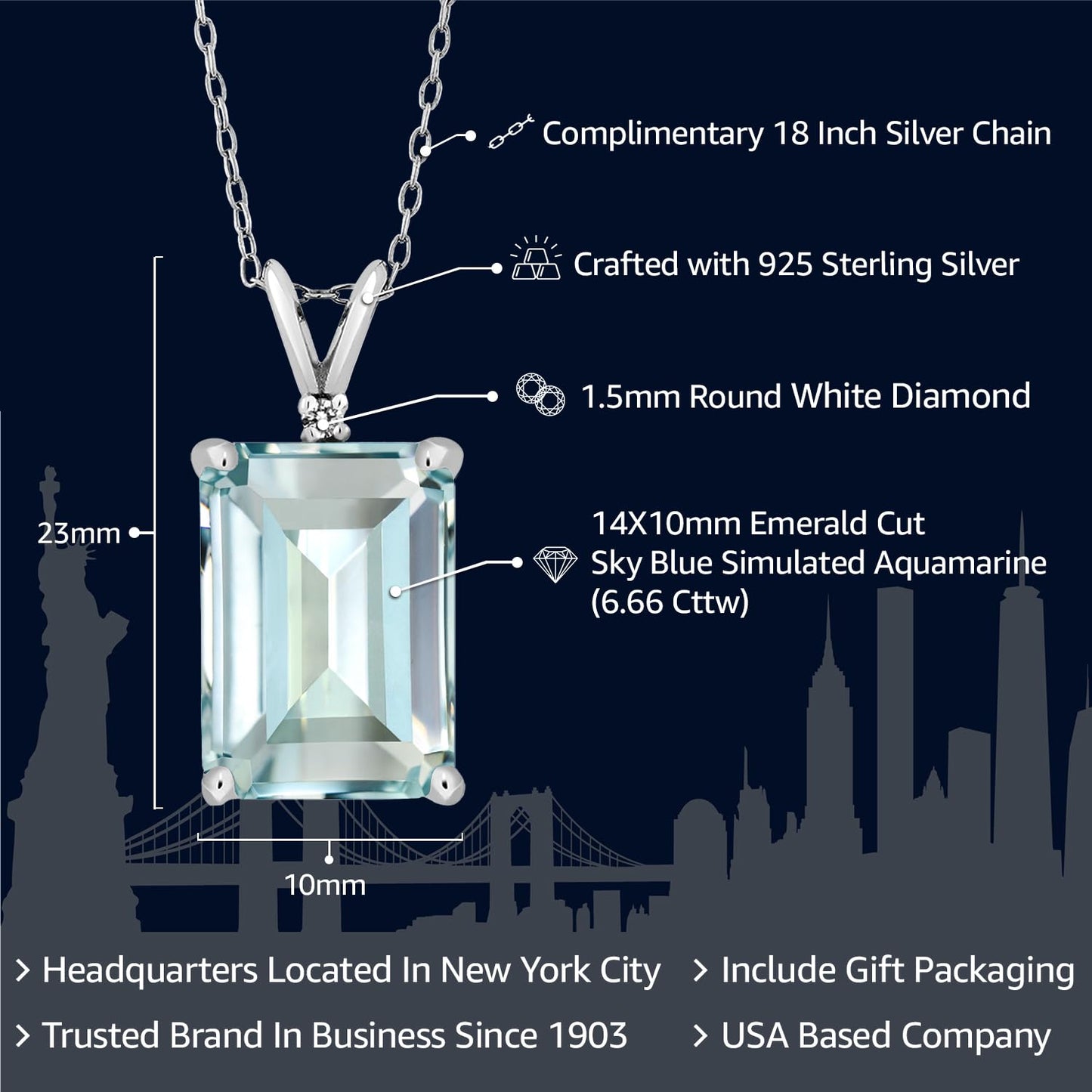 Gem Stone King 14X10MM Emerald Cut Gemstone Birthstone and White Diamond Necklace | 925 Sterling Silver | Pendant Necklace for Women | With 18 Inch Silver Chain