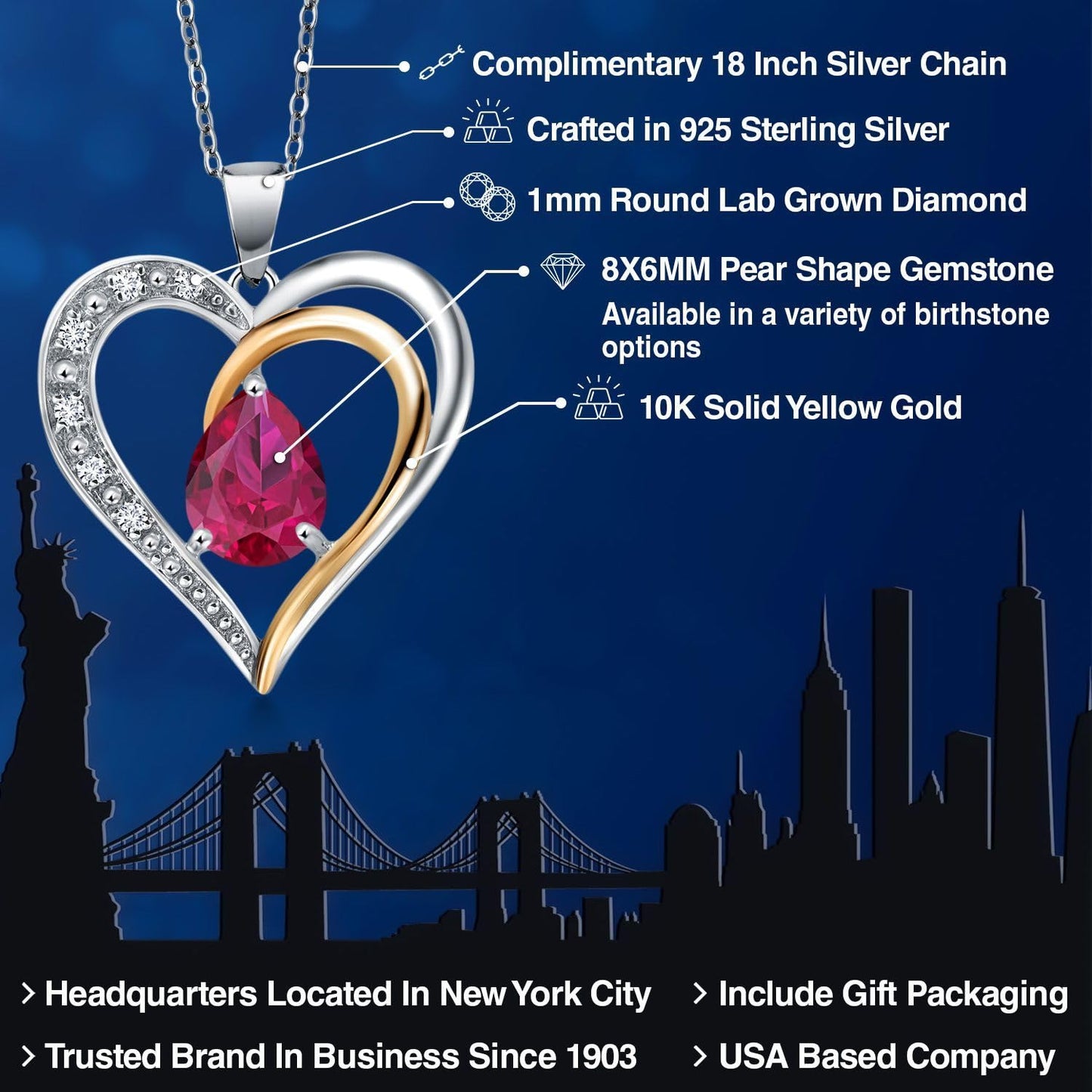 Gem Stone King 925 Sterling Silver and 10K Yellow Gold 8X6MM Pear Shaped Gemstone Birthstone & Lab Grown Diamond Heart Necklace | Love Pendant Necklace for Women By Keren Hanan