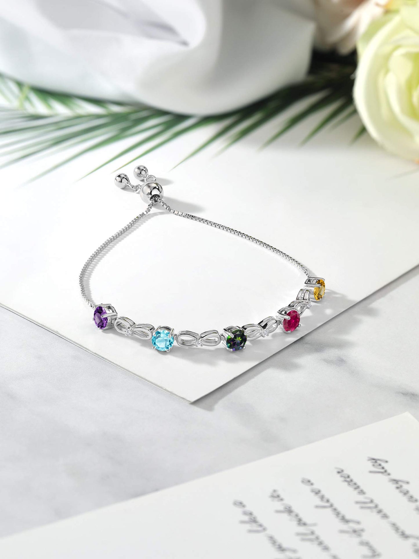 Gem Stone King 925 Sterling Silver Customized and Personalized 5 Gemstone Birthstone and White Lab Grown Diamond Adjustable Tennis Bracelet For Women