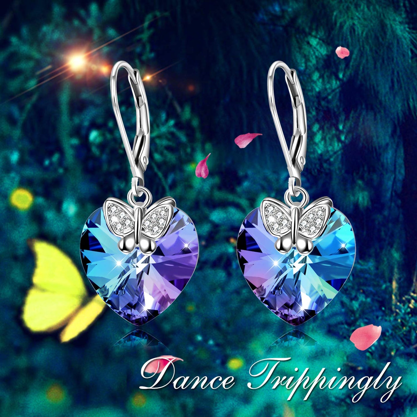 Butterfly Leverback Women Dangle Drop Earrings 925 Sterling Silver Purple Love Heart Crystals Jewelry Valentine Christmas Gifts for Her