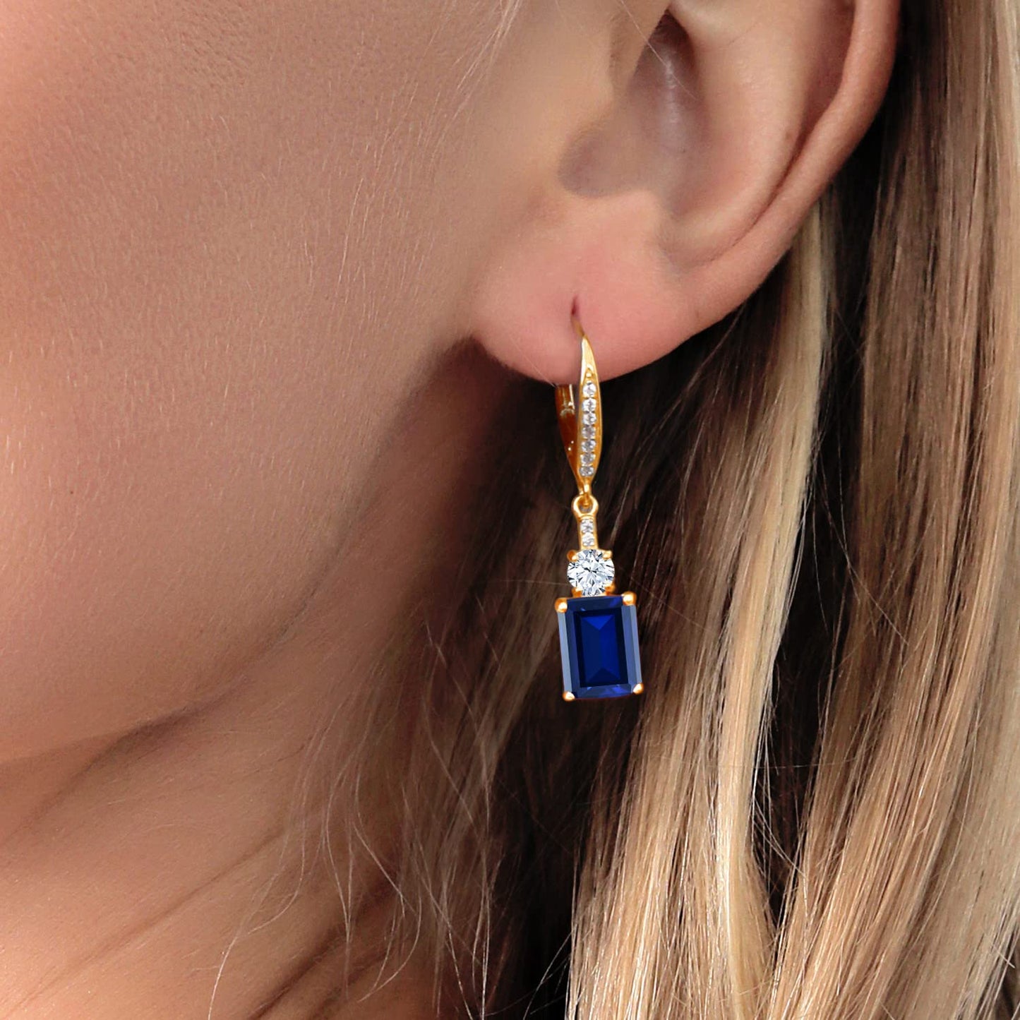 Gem Stone King 18K Yellow Gold Plated Silver Blue Created Sapphire Dangle Earrings For Women (5.40 Cttw, Gemstone September Birthstone, Octagon 9X7MM)