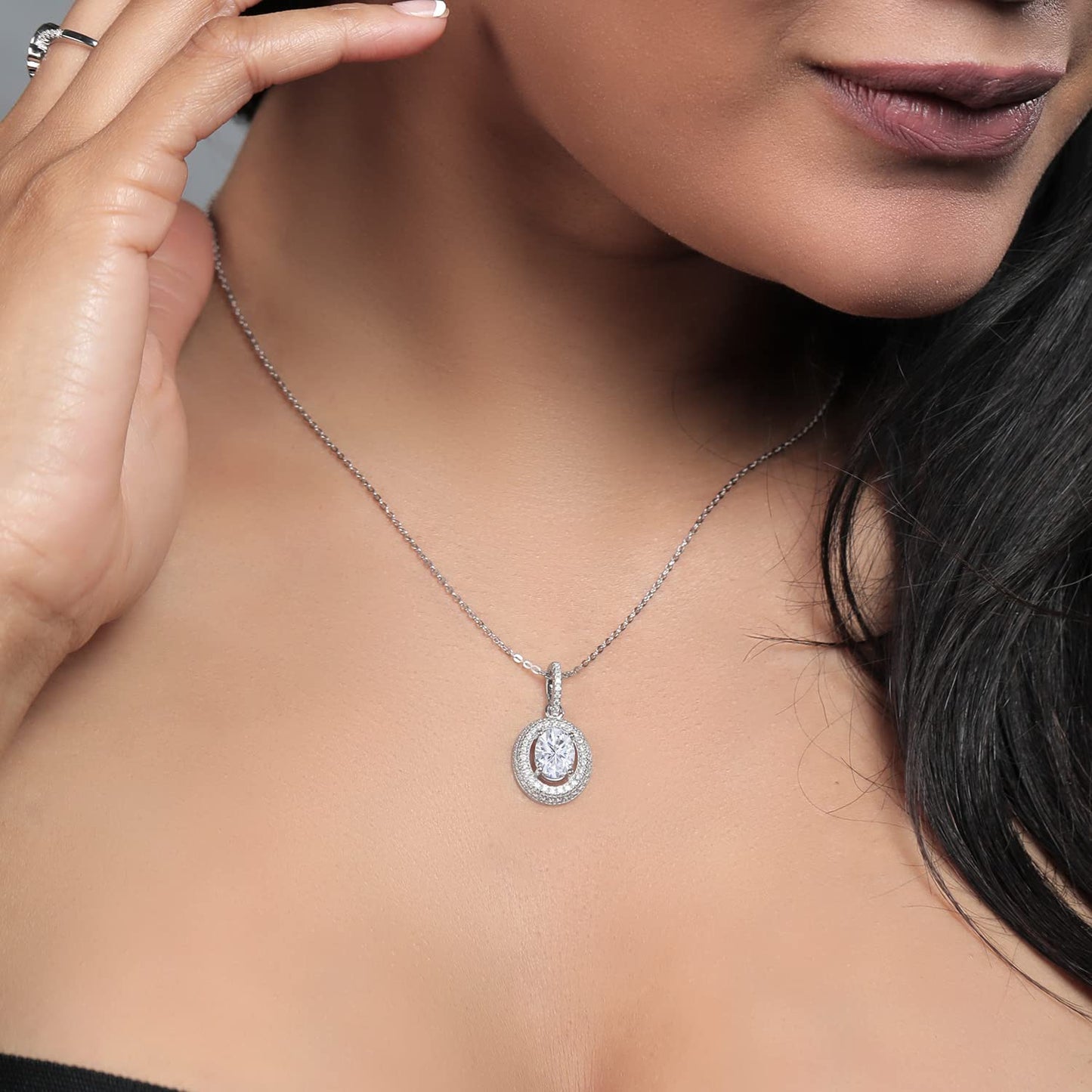 Gem Stone King 925 Sterling Silver 8X6MM Oval Gemstone Birthstone and White Moissanite Halo Necklace | Oval Pendant Necklace For Women | With 18 Inch Silver Chain