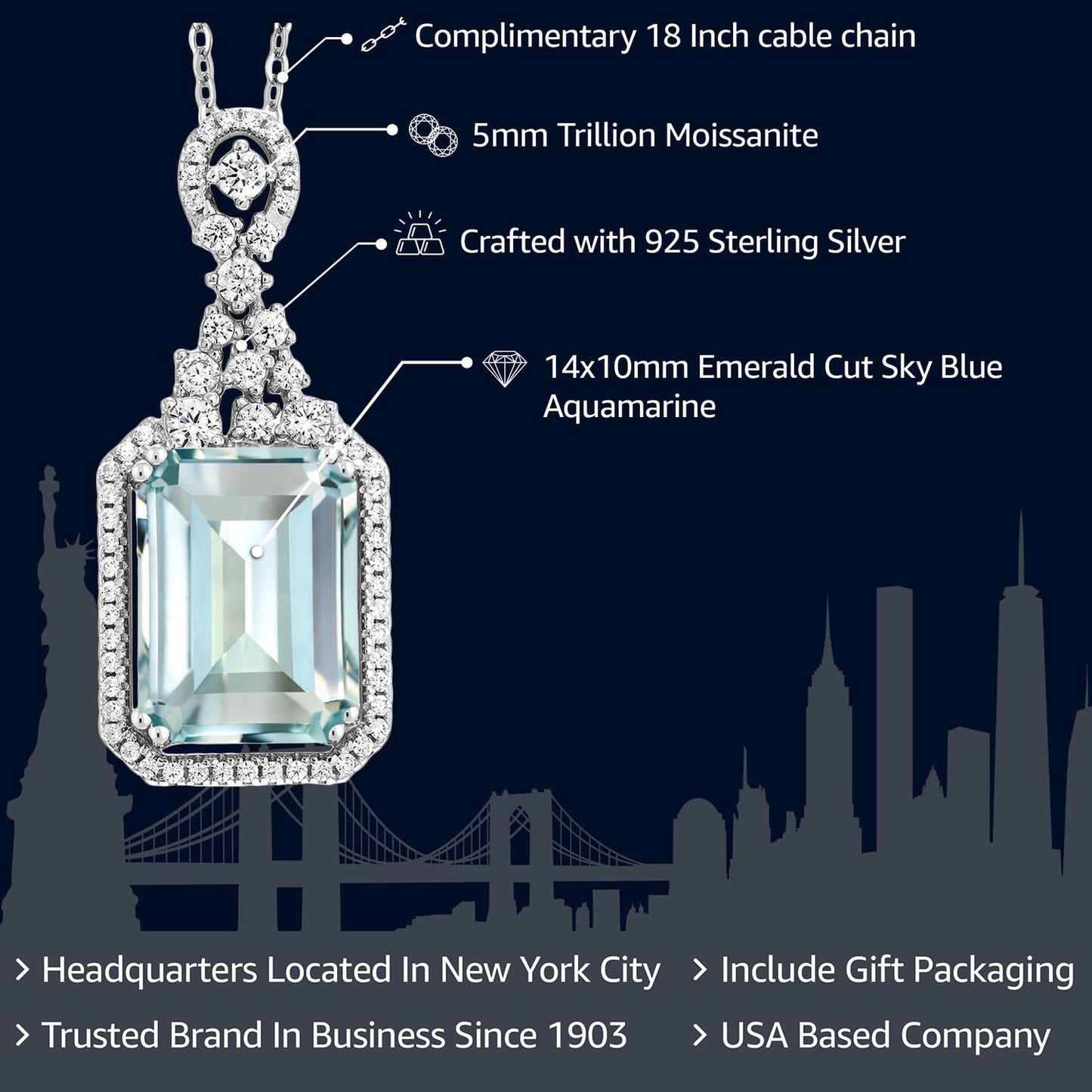 Gem Stone King 7.24 Cttw Sky Blue Simulated Aquamarine Necklace In 925 Sterling Silver | Emerald Cut 14X10MM Pendant Necklace For Women | With 18 Inch Silver Chain