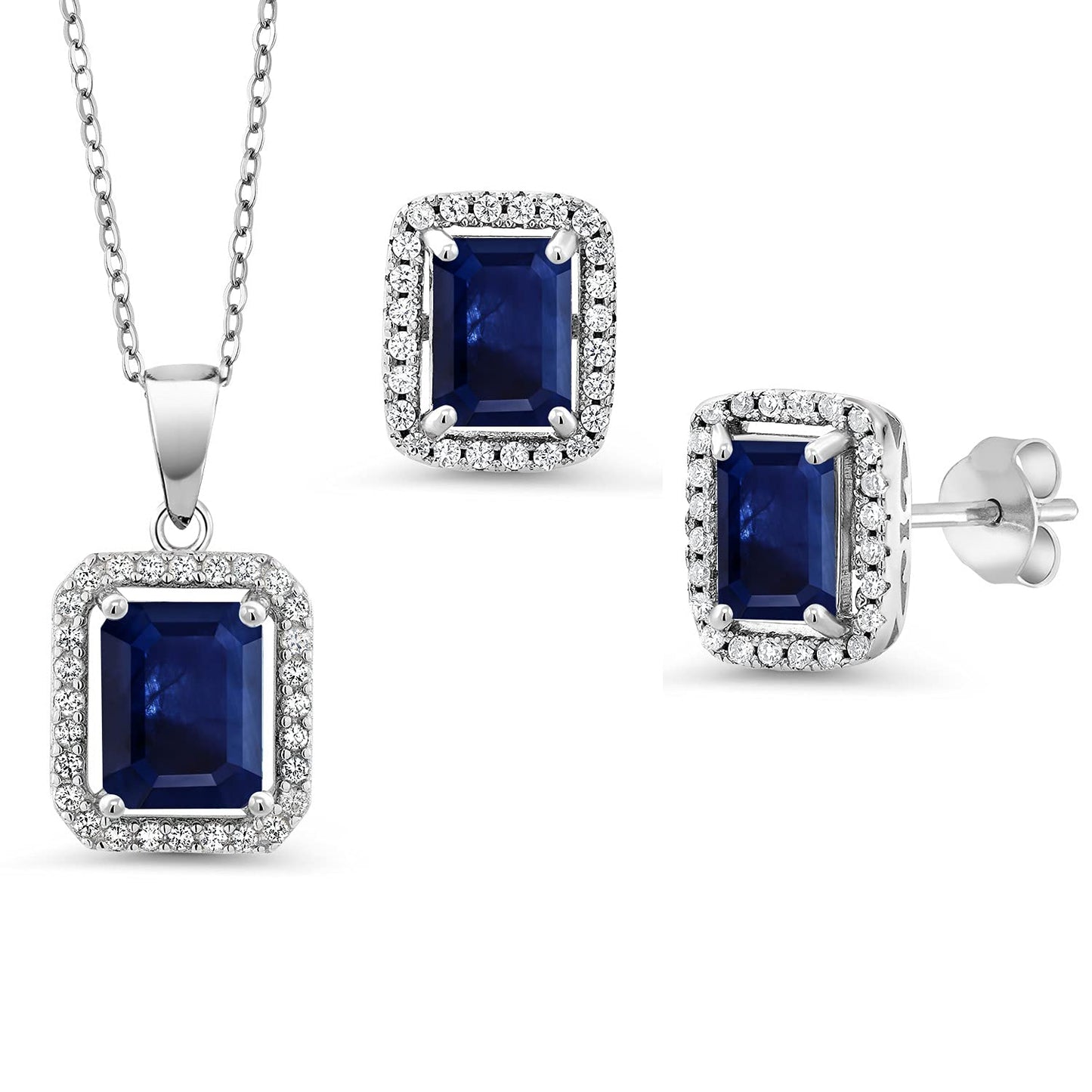 Gem Stone King 9X7MM and 8X6MM Emerald Cut Gemstone Birthstone Halo Pendant and Halo Earrings Jewelry Set For Women | 925 Sterling Silver | With 18 Inch Silver Chain