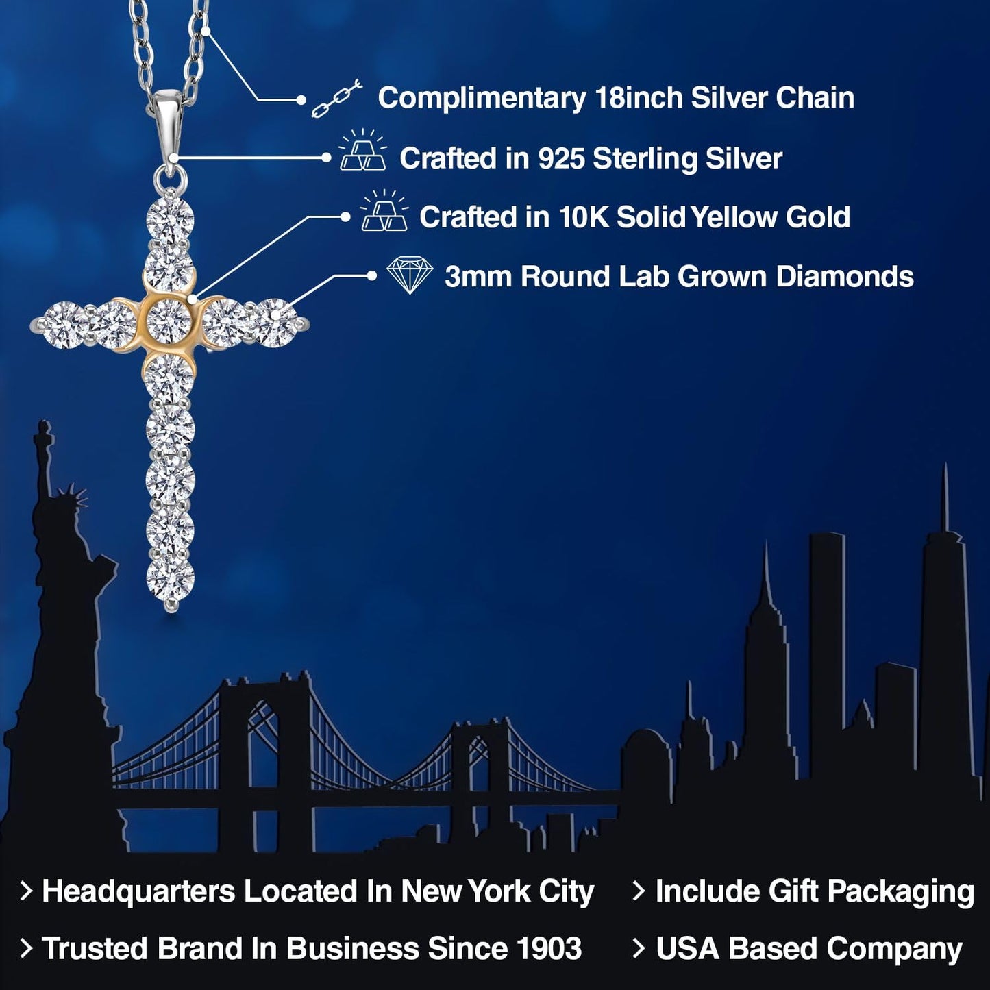 Gem Stone King 1.20 Cttw Lab Grown Diamond Religious Cross Pendant Necklaces for Women | 925 Silver and 10K Yellow Gold | F-G Color | VVS-VS Clarity | Round 3MM | With 18 Inch Chain