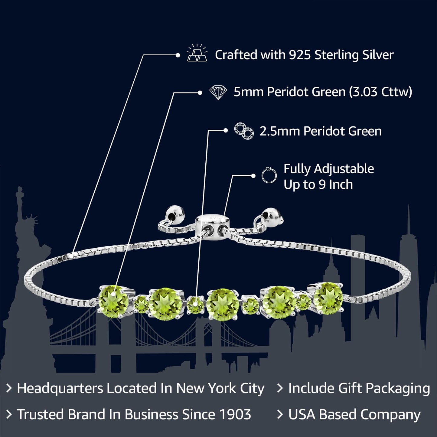 Gem Stone King 925 Sterling Silver Green Peridot Tennis Bracelet For Women (3.03 Cttw, Gemstone Birthstone, Fully Adjustable Up to 9 Inch)