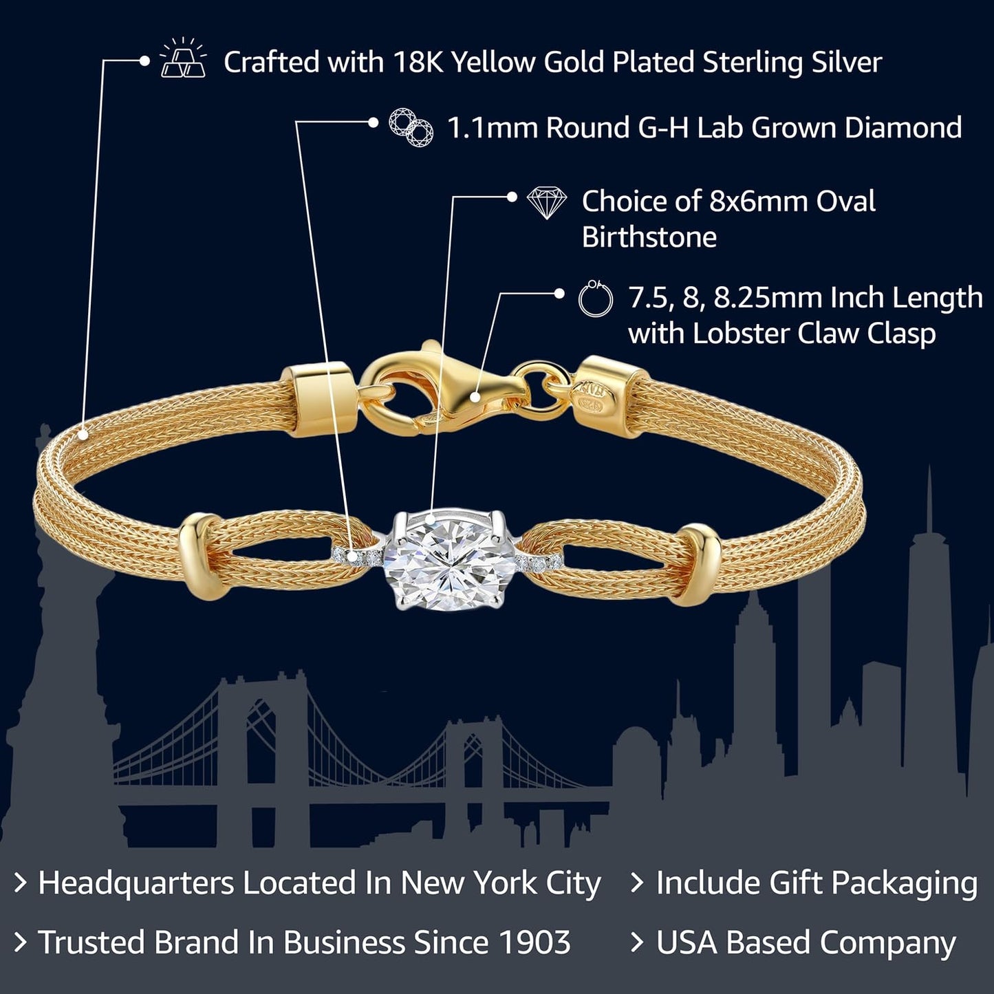 Gem Stone King 18K Gold Plated 2 Tone Silver Personalized Customized White Lab Grown Diamond Bracelet For Women (Choose From Variety of Oval 8X6MM Gemstones and 6.5 Inch Chain Lengths, Made In Italy)