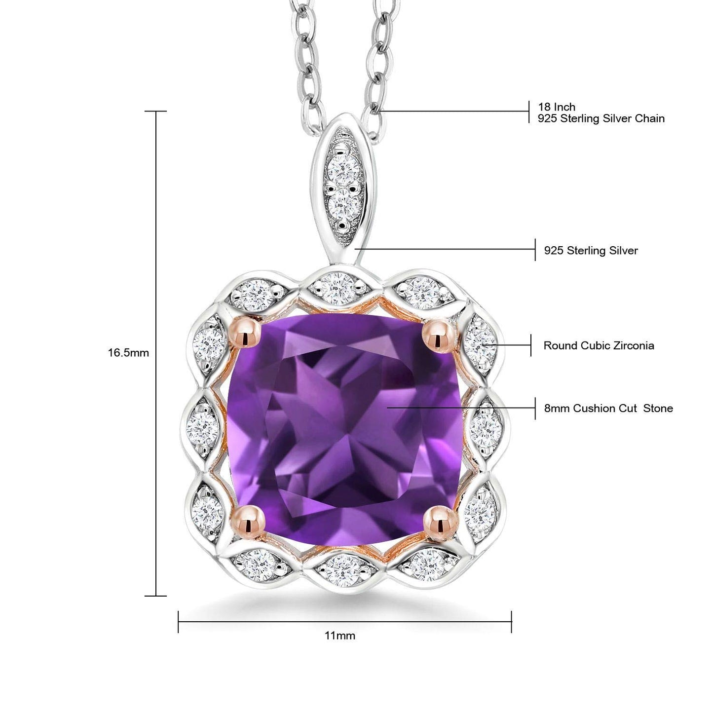 Gem Stone King 8MM Cushion Gemstone Birthstone Pendant Necklace For Women | 925 Sterling Silver | With 18 Inch Silver Chain | Fine Jewelry Gifts for Her Mom Women Wife