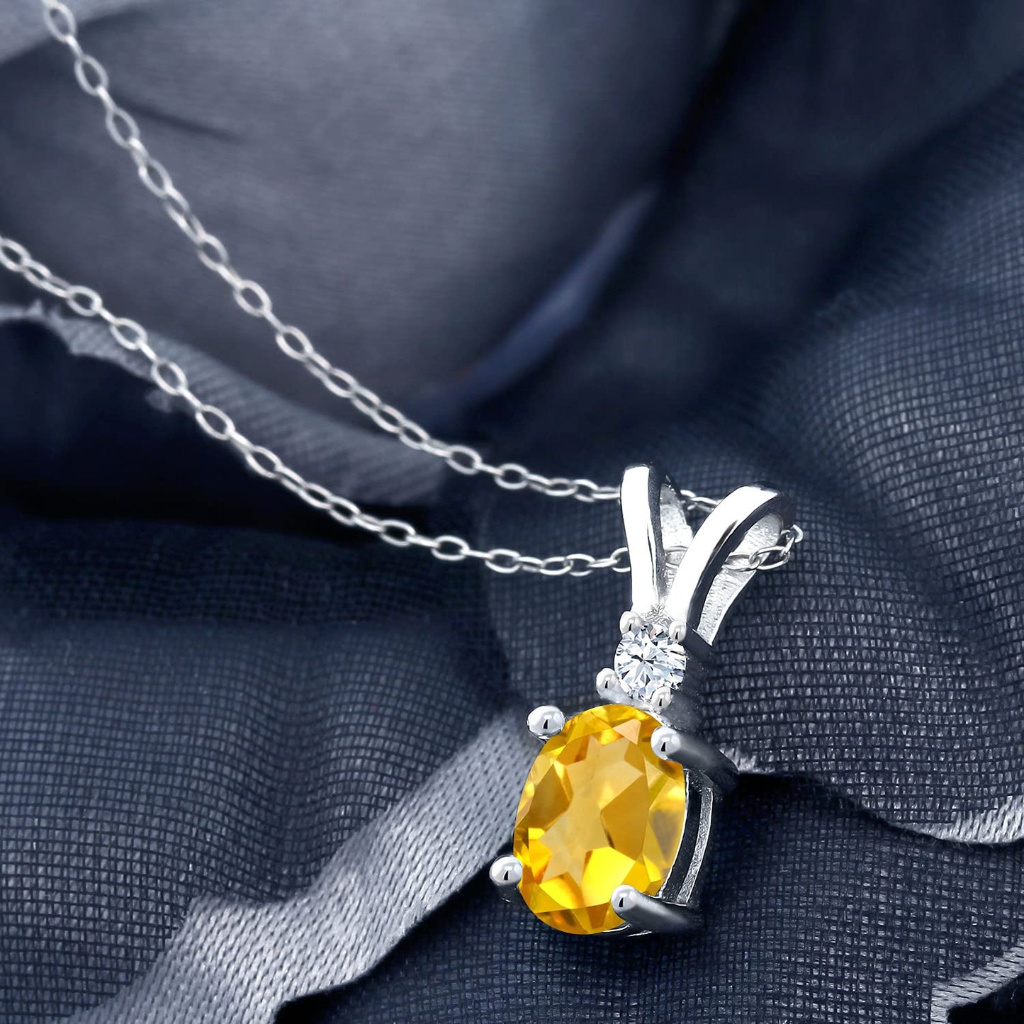 Gem Stone King 925 Sterling Silver Yellow Citrine and White Created Sapphire Pendant Necklace For Women (1.35 Cttw, Oval 8X6MM, with 18 Inch Silver Chain)