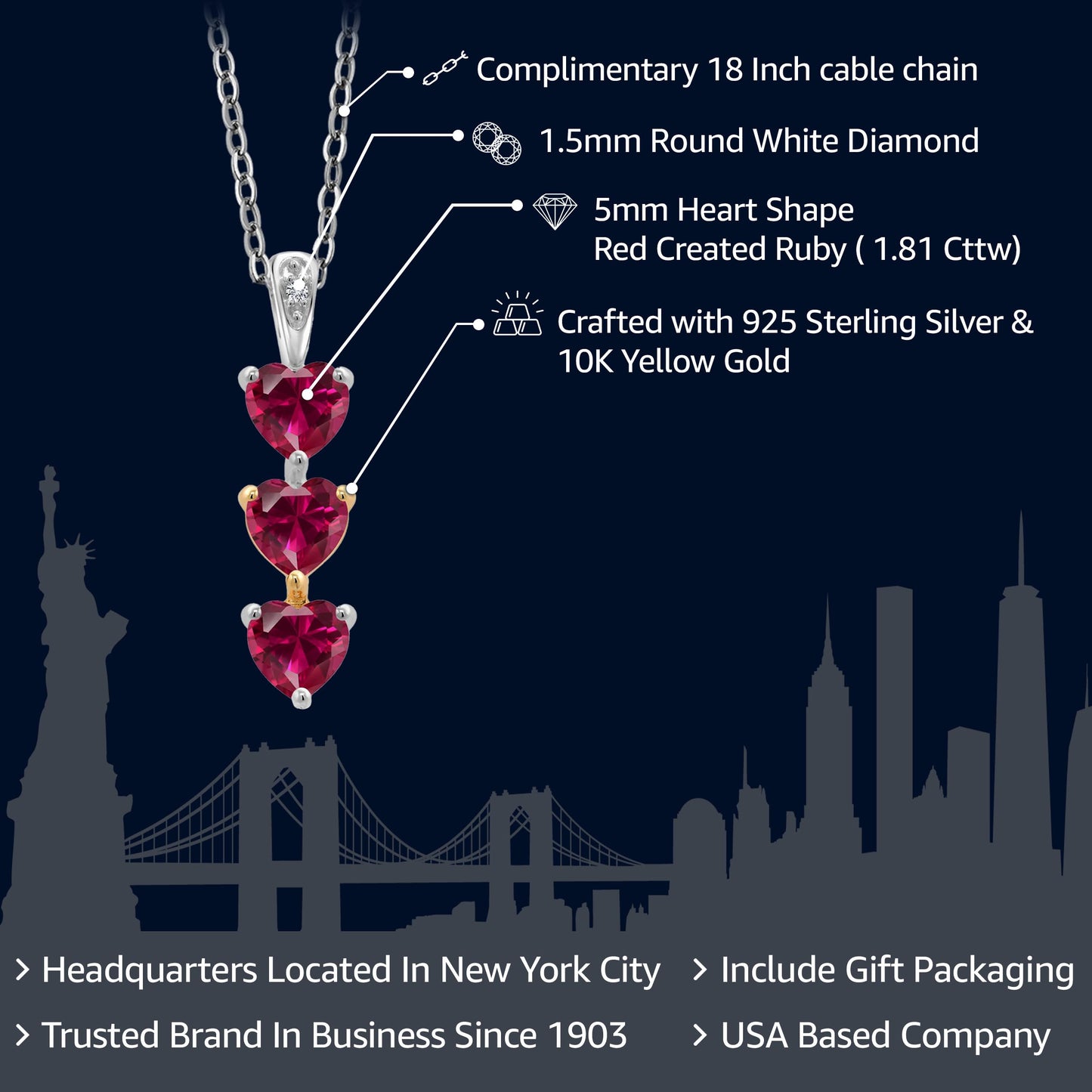 Gem Stone King 925 Sterling Silver and 10K Yellow Gold Red Created Ruby and White Lab Grown Diamond 3 Stone Heart Shape Pendant Necklace For Women By Keren Hanan (1.81 Cttw, with 18 Inch Silver Chain)