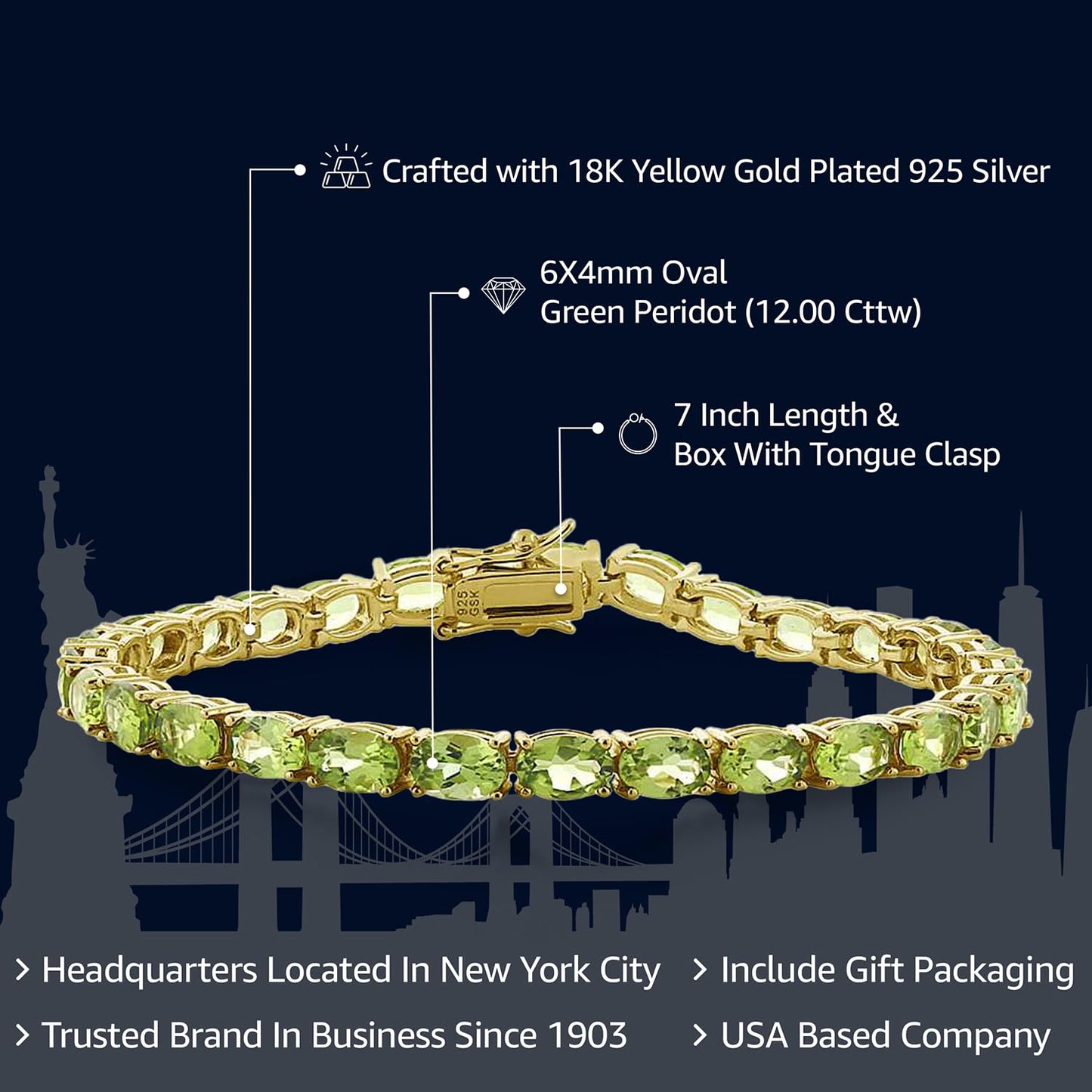 Gem Stone King Green Peridot Tennis Bracelet For Women | 925 Sterling Silver | 12.00 Cttw | Gemstone Birthstone | Oval 6X4MM | Length - 7 Inch | Fine Jewelry Gifts for Her Mom Women Wife