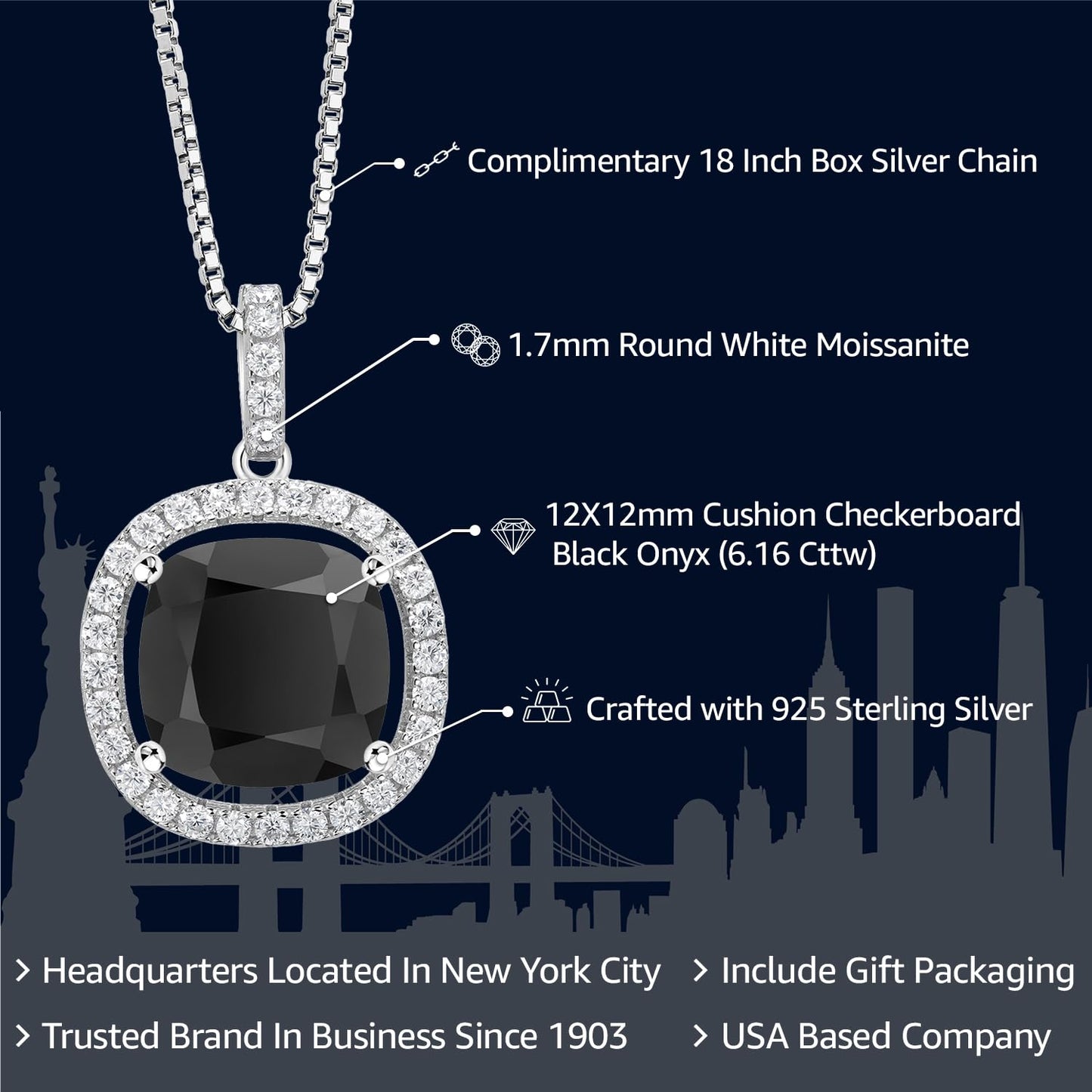 Gem Stone King 925 Sterling Silver 12MM Cushion Gemstone Birthstone and White Moissanite Necklace | Halo Pendant Necklace for Women | With 18 Inch Silver Chain