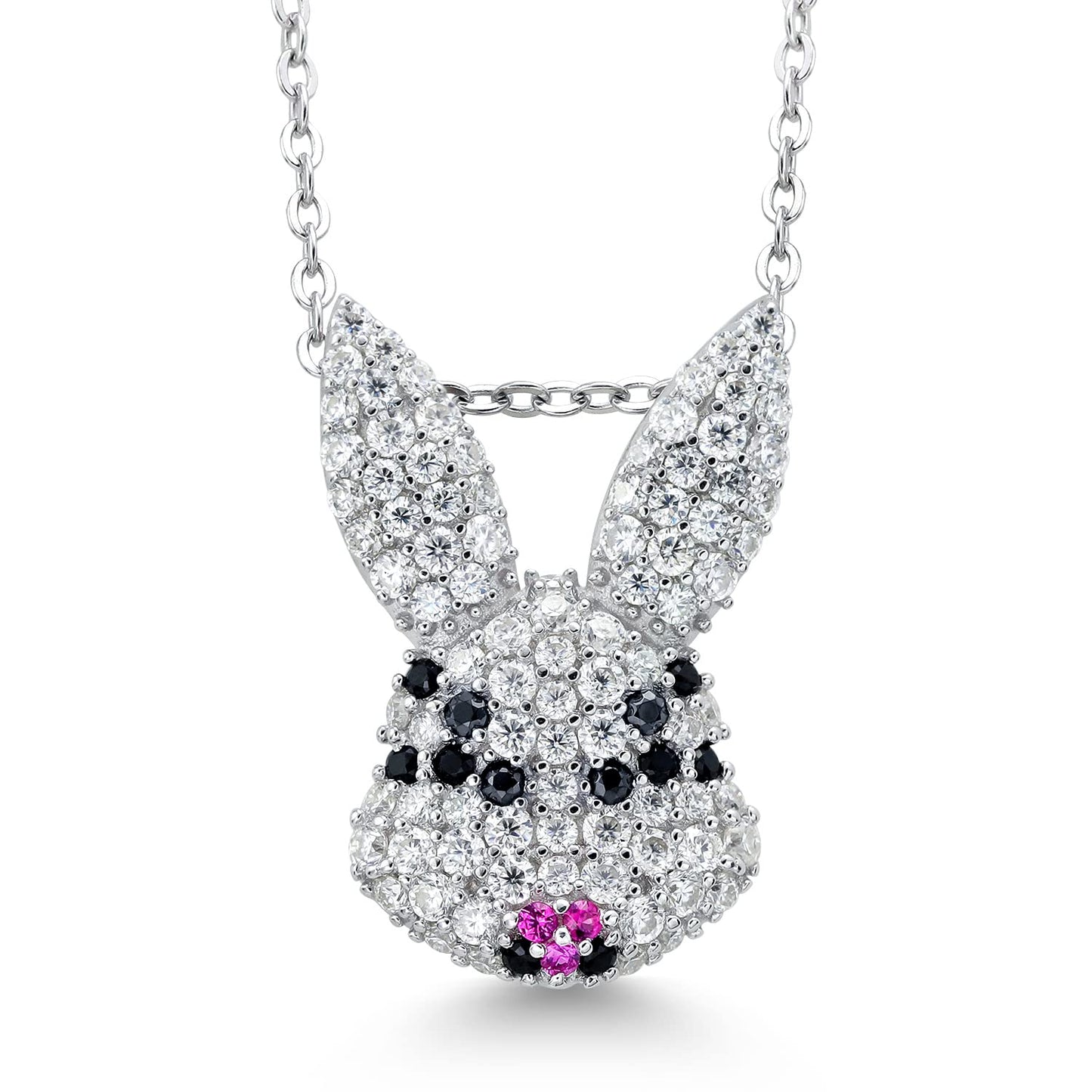 Gem Stone King 925 Sterling Silver Rabbit Bunny Animal White Moissanite Created Ruby and Black Spinel Pendant Necklace For Women Keren Hanan (0.83 Cttw, 19X13MM, with 18 Inches Silver Chain)