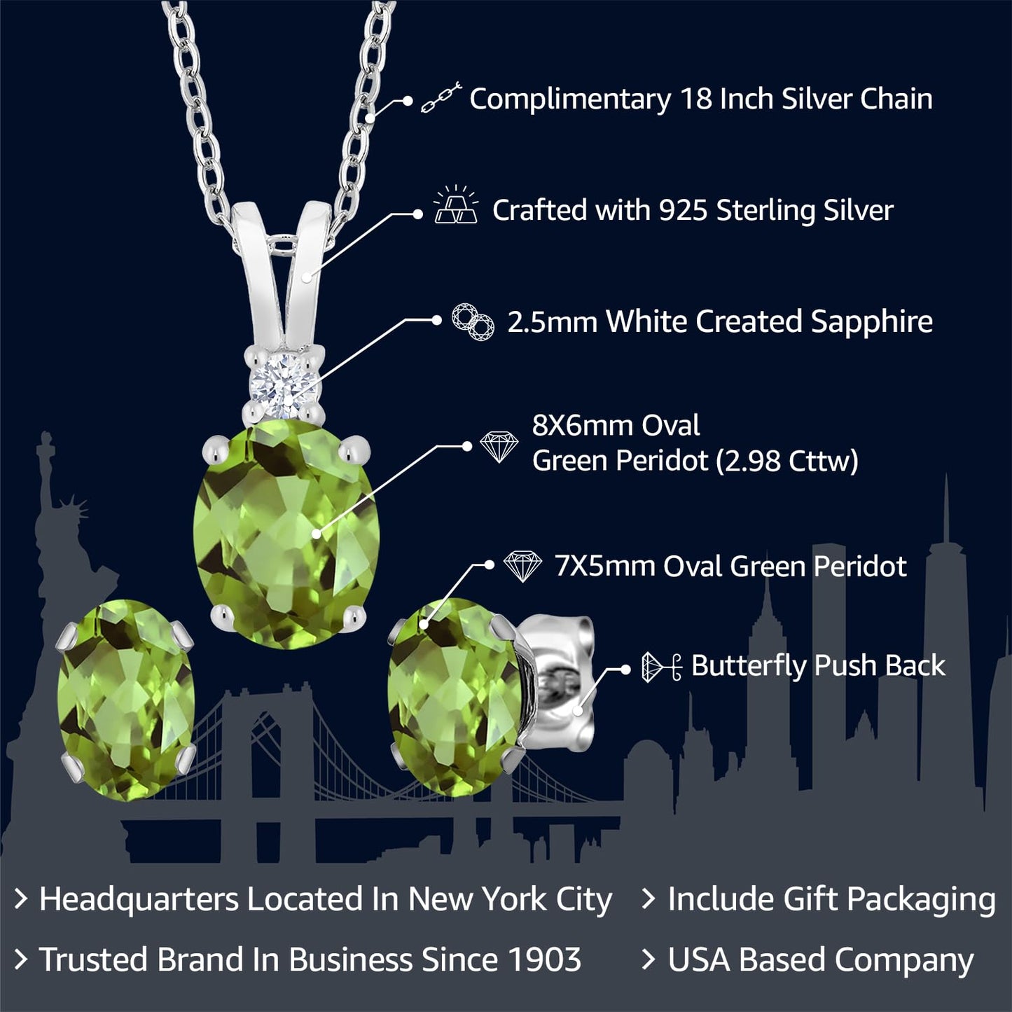 Gem Stone King 925 Sterling Silver Green Peridot Pendant and Earrings Jewelry Set For Women (2.98 Cttw, Oval Gemstone Birthstone, with 18 Inch Silver Chain)