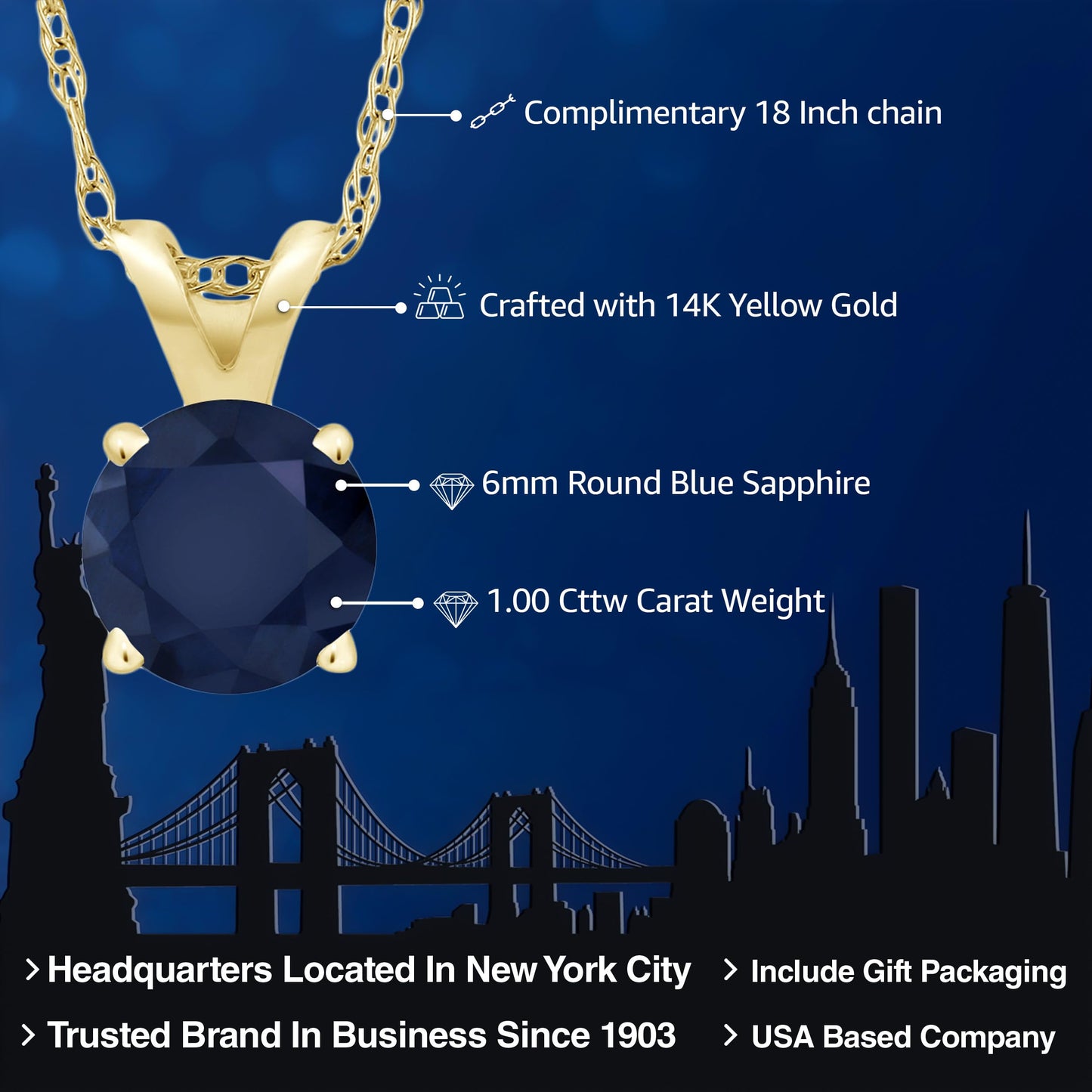 Gem Stone King Solid 14K Gold 6MM Round Gemstone Birthstone 4-Prong Pendant Necklace | Gold Necklace For Women | With 18 Inch Gold Chain