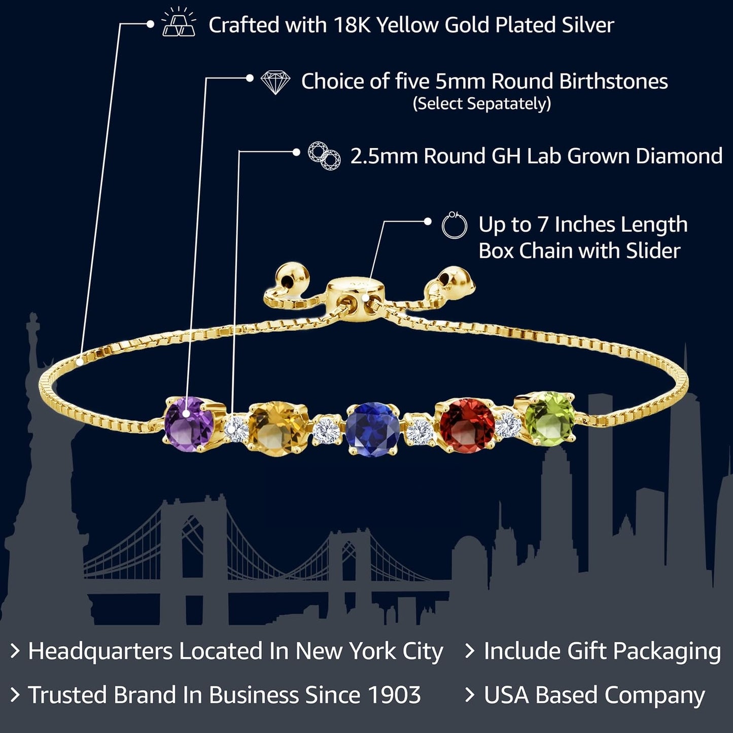 Gem Stone King 18K Yellow Gold Plated Silver Round 5 Gemstone Birthstone Customized and Personalized Tennis Bracelet For Women (5.26 Cttw, Fully Adjustable Up to 9 Inch)