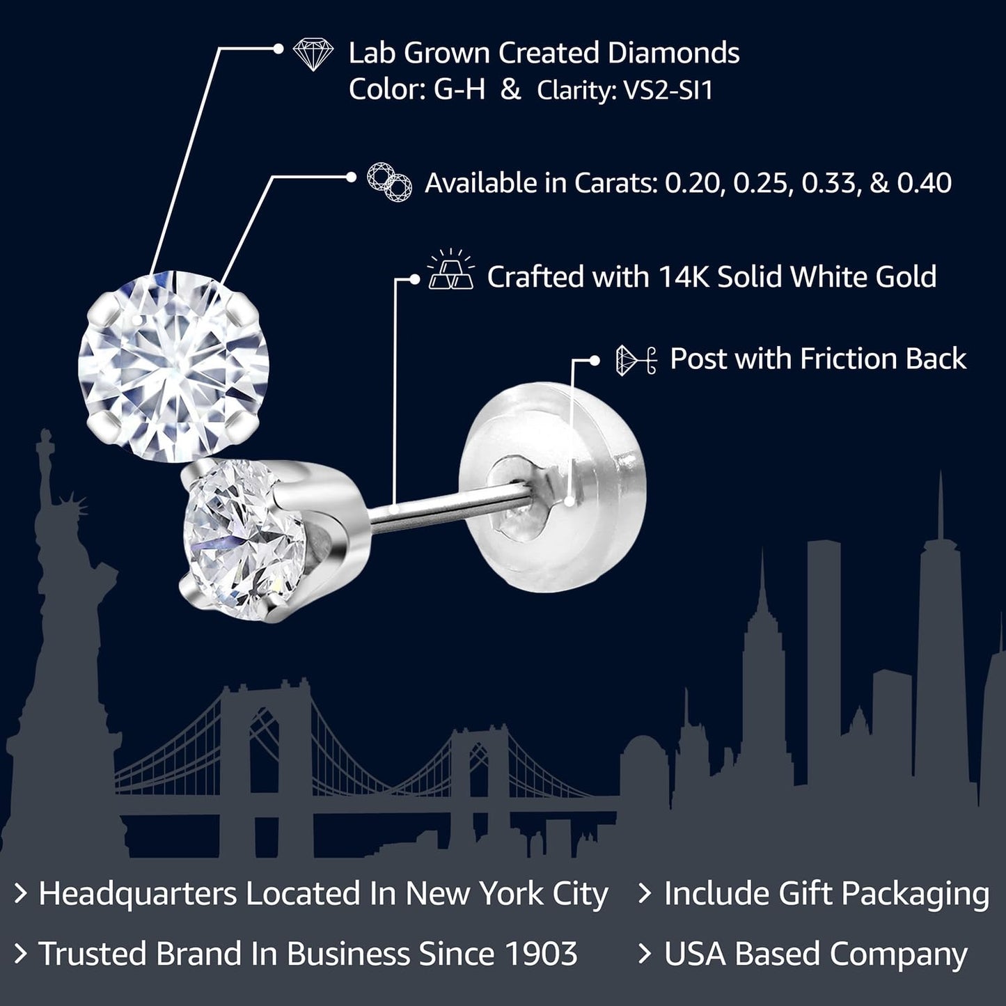 Gem Stone King 14K White Gold Lab Grown Diamond Stud Earrings | Gold Earrings For Women Men | F-G Color | VS1-VS2 Clarity