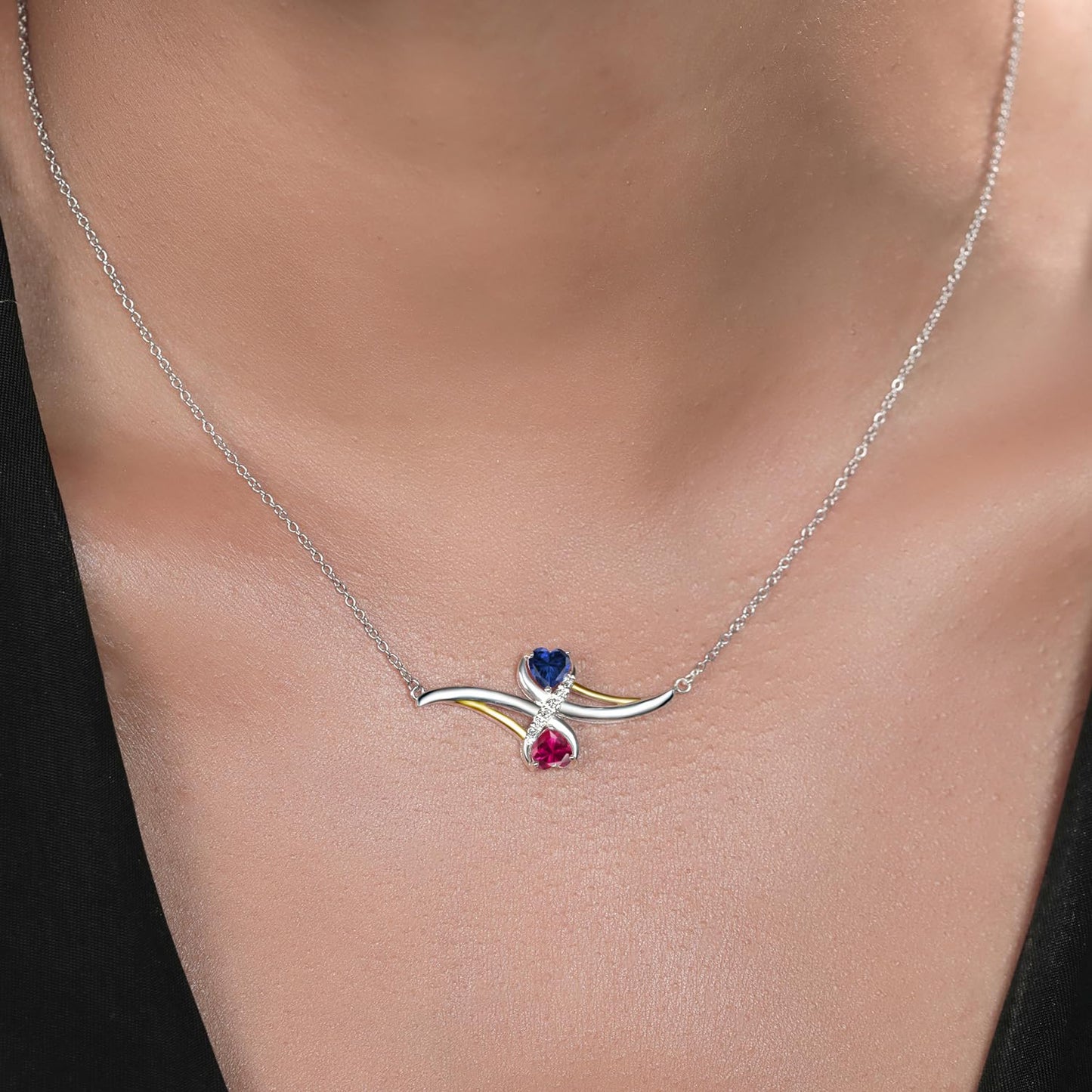 Gem Stone King 925 Silver and 10K Yellow Gold Red Created Ruby and Blue Created Sapphire with White Lab Grown Diamond Pendant Necklace For Women (1.16 Cttw, with 18 Inch Chain)