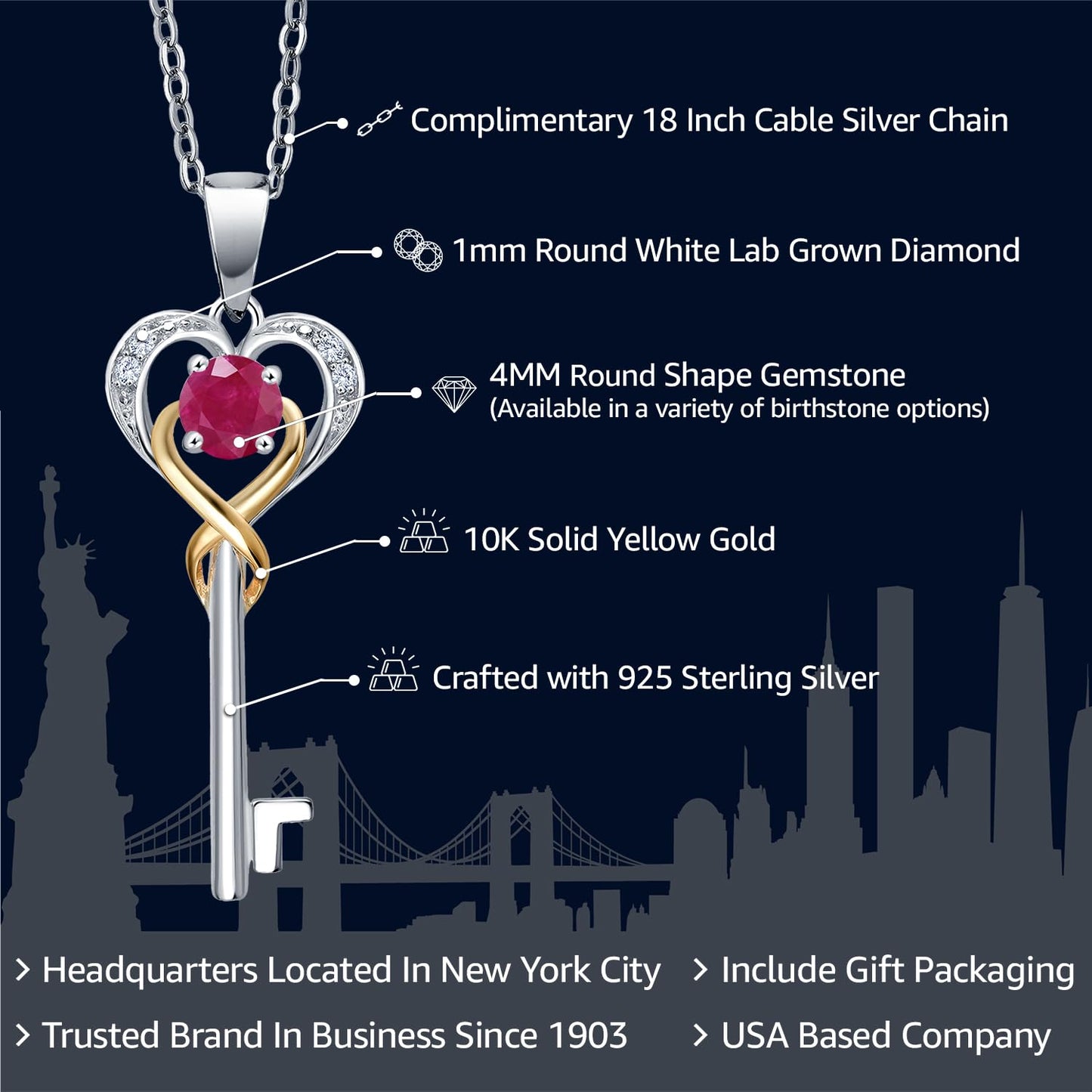 Gem Stone King Heart Key Necklace For Women | 4MM Round Gemstone Birthstone and Lab Grown Diamond | 925 Sterling Silver and 10K Yellow Gold | Love Pendant Necklace | With 18 Inch Chain