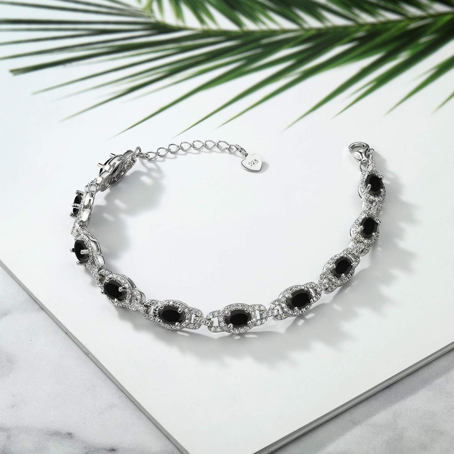 Gem Stone King 925 Sterling Silver Black Onyx Tennis Bracelet For Women (8.00 Cttw, Gemstone Birthstone, Oval 6X4MM, 7 Inch With 1 Inch Extender)